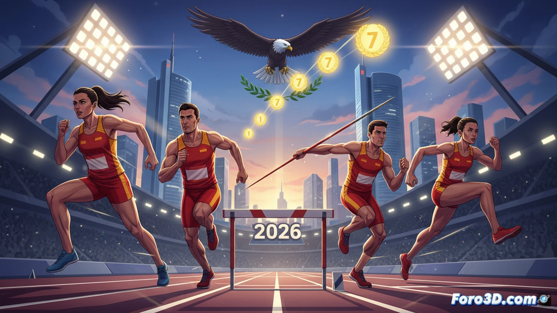 Spanish athletes sprinting on a red track inside Frankfurt Stadium, four medalists in foreground mid-stride, sweat droplets visible, muscles flexing under floodlights, electronic timing system displaying 9.87 seconds, photorealistic sports photography style, high-speed action frozen in time, dramatic shadows from stadium lights, crowd blurred in background, official European Championships banners on track edge, metallic medal reflections on uniforms, ultra-detailed athletic gear and spikes, cinematic depth of field, dynamic motion blur on trailing legs