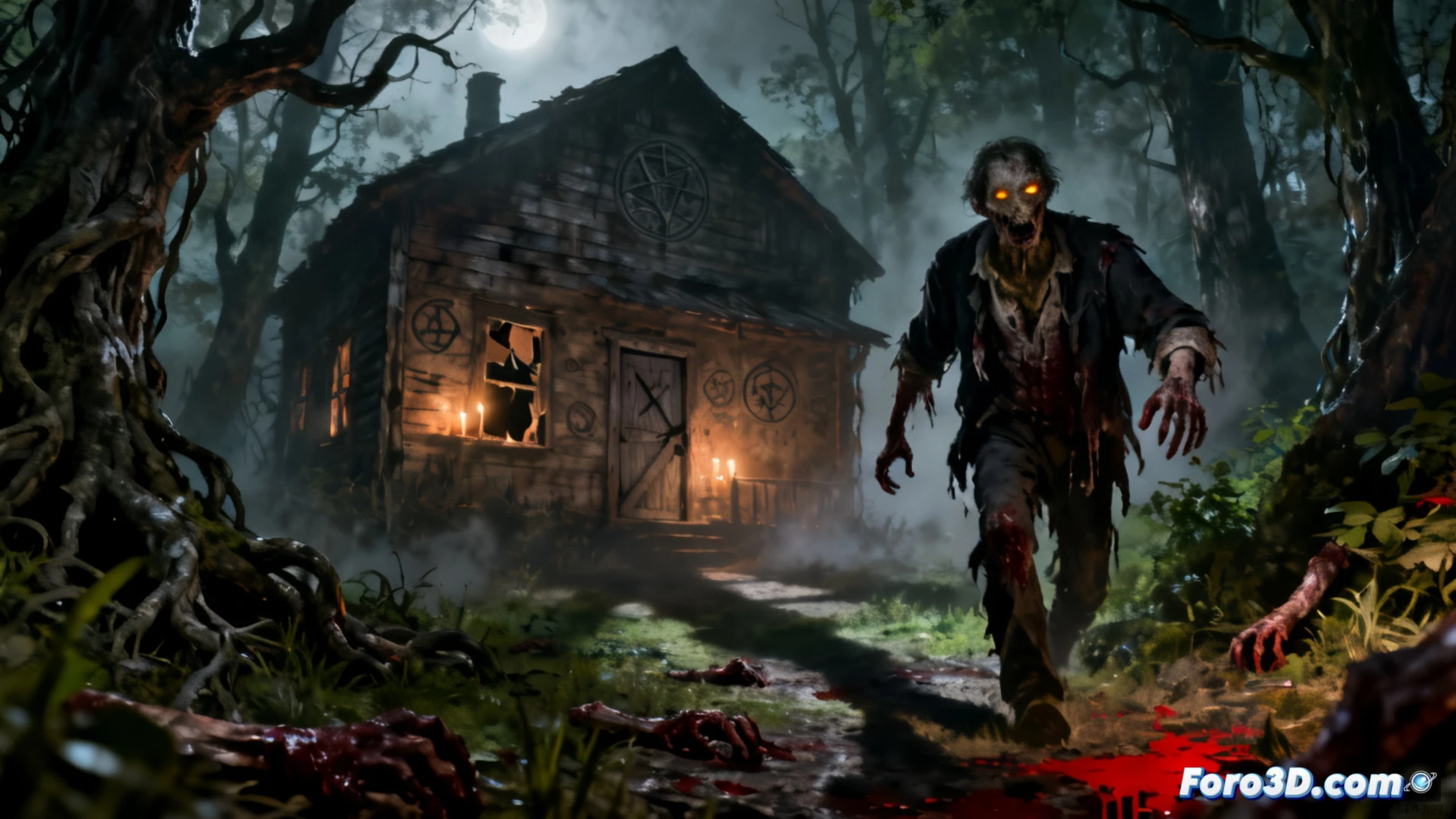 Bosque oscuro y cabaña siniestra en Evil Dead The Game con iluminación de Unreal Engine 4