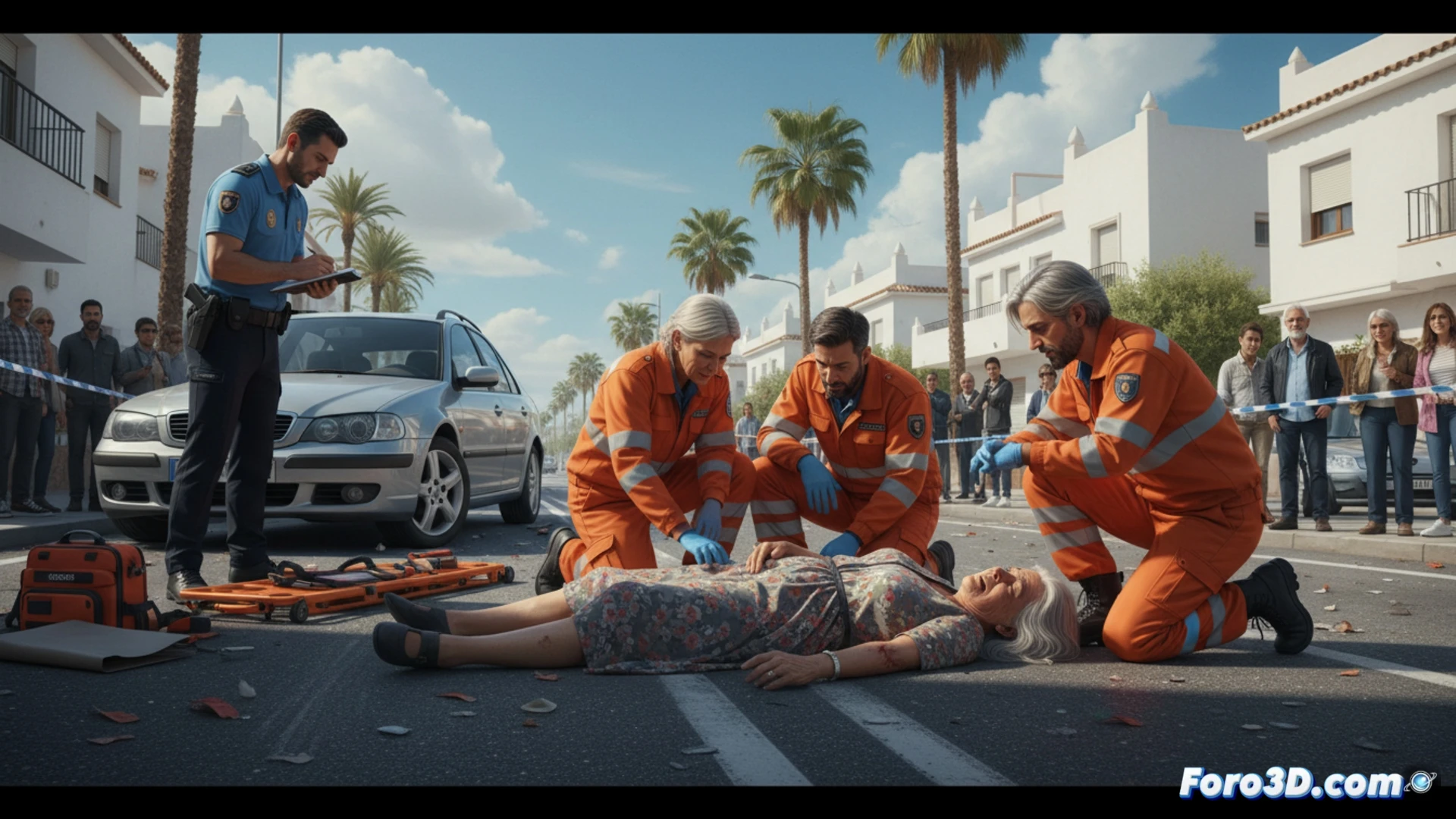 Realistic street scene in Roquetas de Mar at dusk, elderly woman lying on asphalt after being hit by a car, police officer kneeling beside her while speaking into a radio, ambulance with flashing lights parked nearby, paramedic carrying a medical bag running toward the victim, shattered car headlight fragments scattered on the road, tire skid marks visible, technical cinematic illustration, dramatic street lighting, emergency vehicle strobe reflections on wet pavement, photorealistic forensic accident reconstruction style