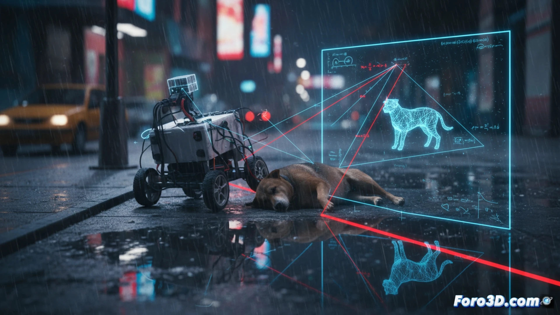 [Reconstruccion 3D de robot de reparto atropellando perro en acera mojada con charco reflectante]