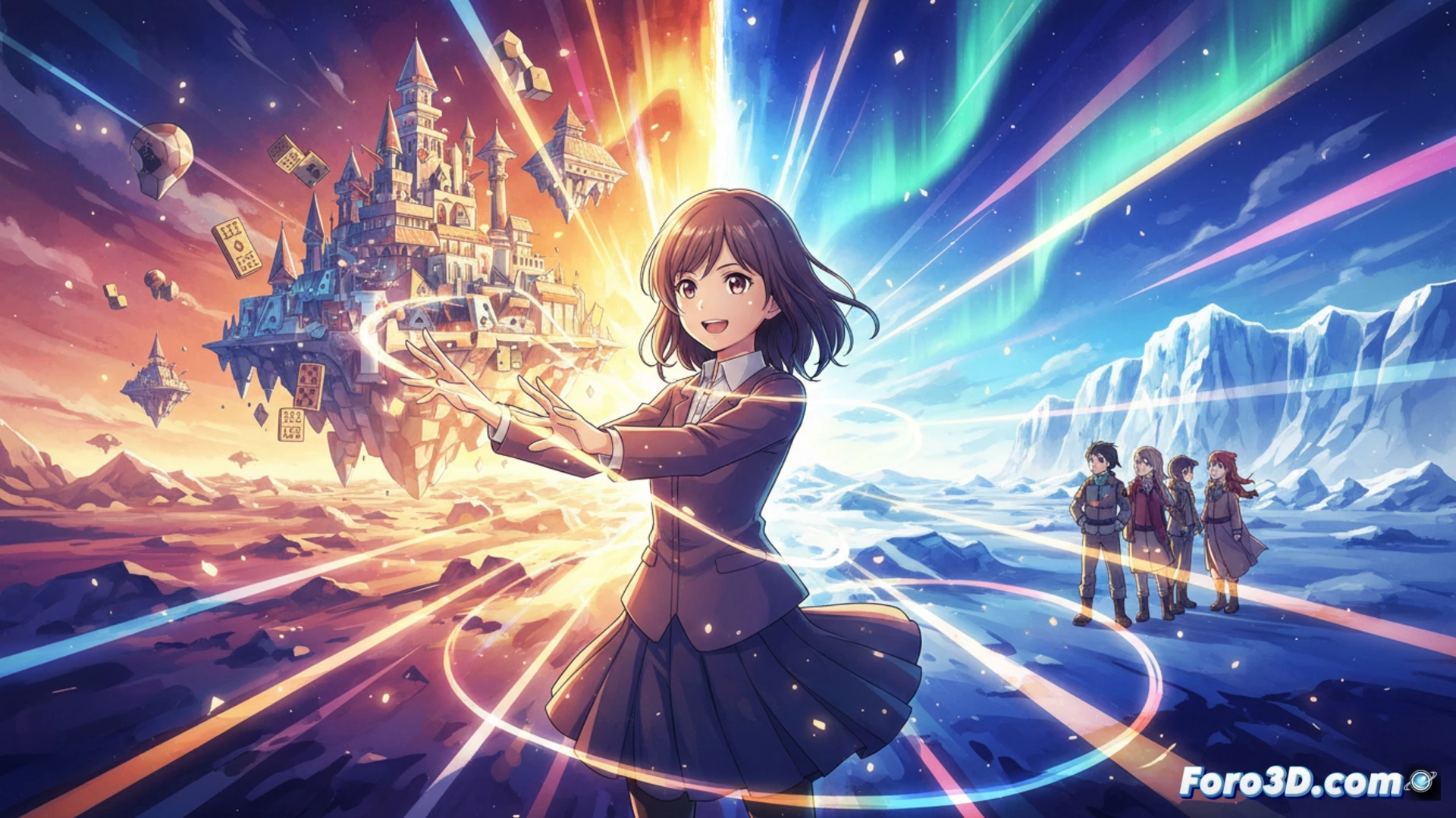 Atsuko Ishizuka, rodeada de luz y color vibrante, con bocetos de No Game No Life y Sora yori mo Tooi Basho.