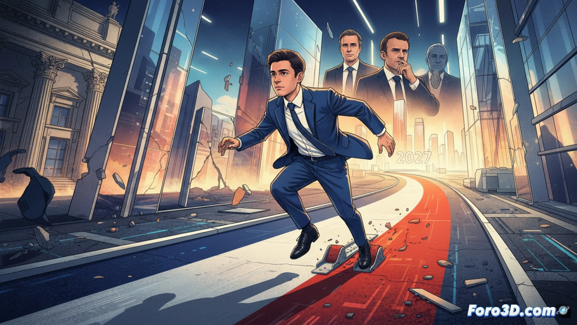 French presidential candidate Gabriel Attal walking through modern glass-walled campaign office, outstretched hand reaching toward a glowing holographic map of France, while behind him a younger rival Edouard Philippe stands frozen in a digital projection, political dynasty symbols fading into background, cinematic political drama visualization, dynamic diagonal composition, cool blue and warm amber lighting, polished marble floors reflecting the scene, photorealistic render with subtle lens flare and depth of field, ultra-detailed facial expressions showing determined confidence, sleek minimalist furniture and campaign tech equipment visible