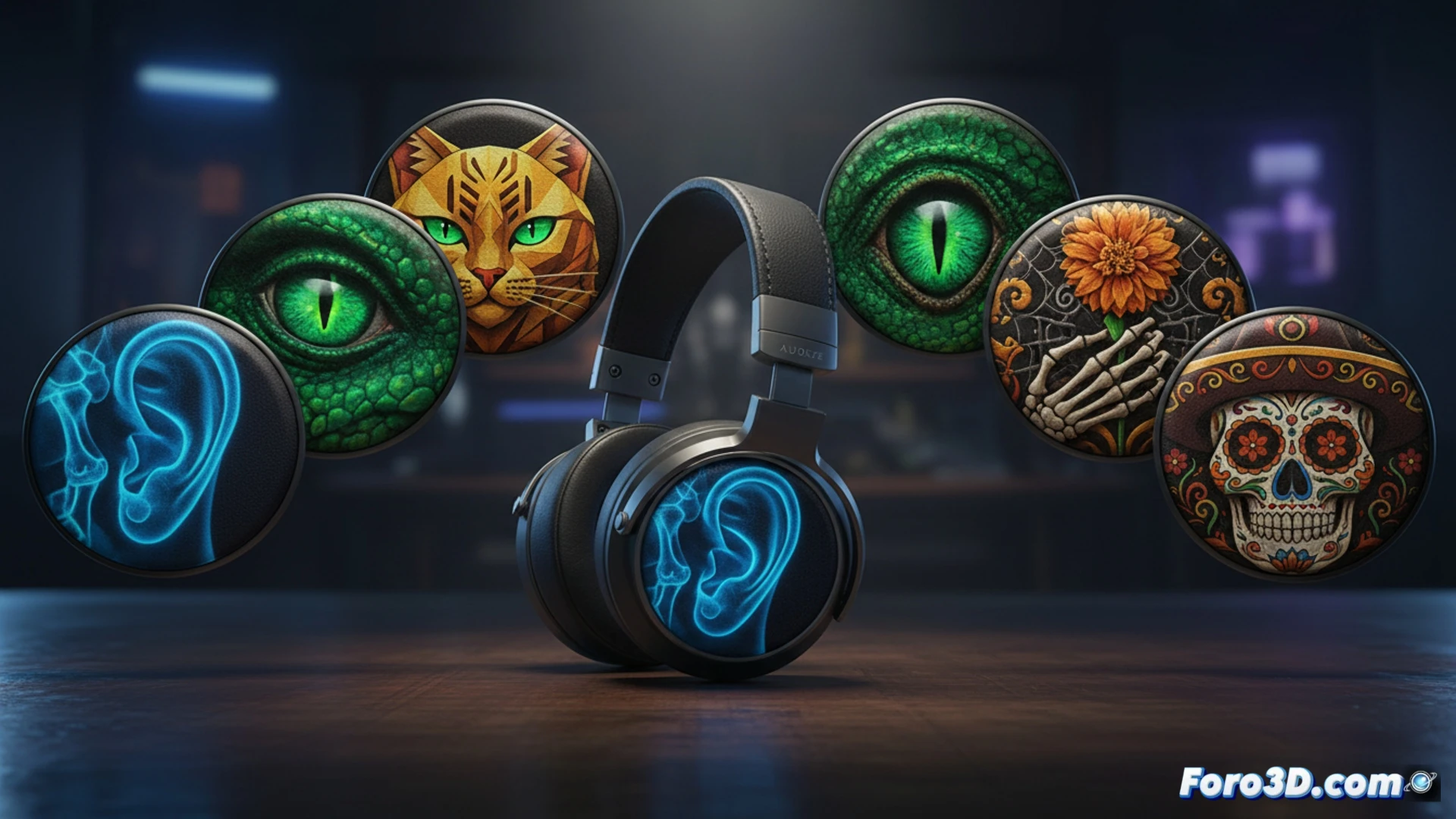 Primer plano de un casco Audeze Maxwell 2 con funda ReSkin estilo rayos X, mostrando controladores magnéticos, y al lado fundas con diseños de ojo, gato y Día de los Muertos.