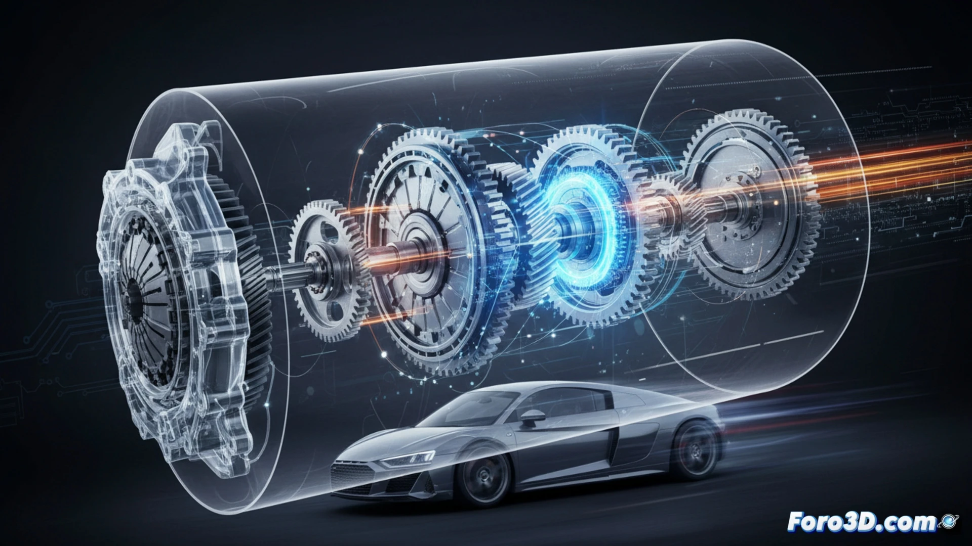 Descripción detallada de la imagen: Primer plano de un motor Audi con la transmisión S tronic expuesta, mostrando engranajes y un embrague doble con un destello azul de electricidad entre los discos, simbolizando el cambio instantáneo en cero segundos.

DESCRIPCIÓN (80-120 caracteres): Motor Audi con transmisión S tronic abierta, engranajes y destello azul entre discos de embrague, simbolizando cambios instantáneos.