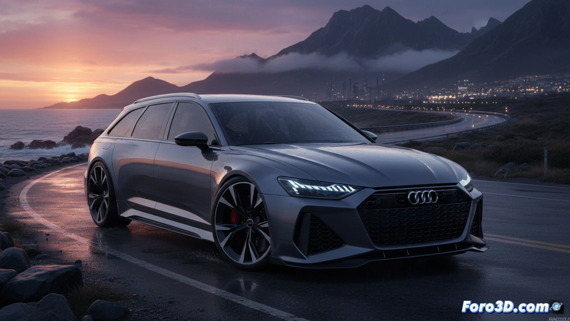 Audi RS 6 Avant 2026 wagon parked on a misty empty highway at dusk, rear wheels spinning, glowing brake discs radiating heat, exhaust pipes emitting blue-tinted burnt fuel vapors, hood partially open revealing a twin-turbo V8 engine block with carbon fiber intake, diagnostic tool cable connected to the engine bay, motion blur on spinning wheels, cinematic engineering visualization, dramatic low-angle shot, metallic grey body reflecting city lights, photorealistic technical render, melancholic farewell atmosphere