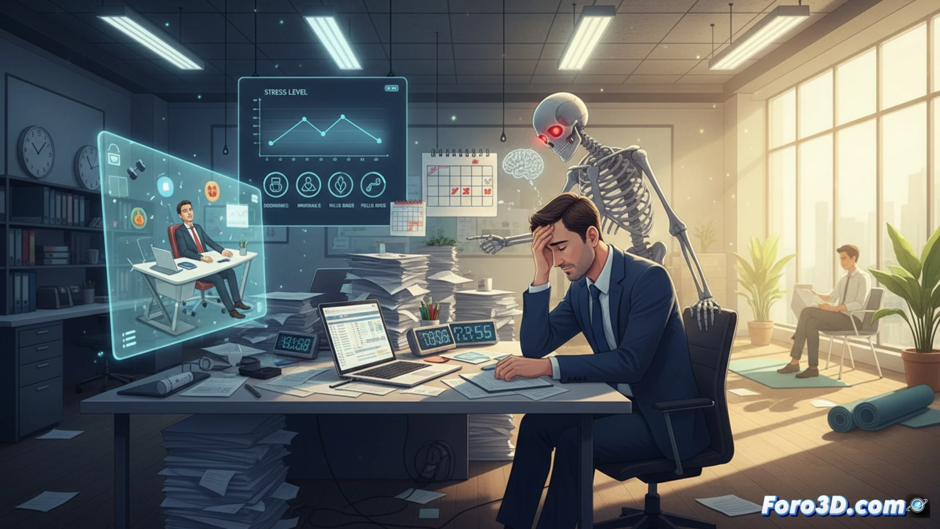Auditor en oficina estresado con gráficos 3D de riesgos laborales y salud mental