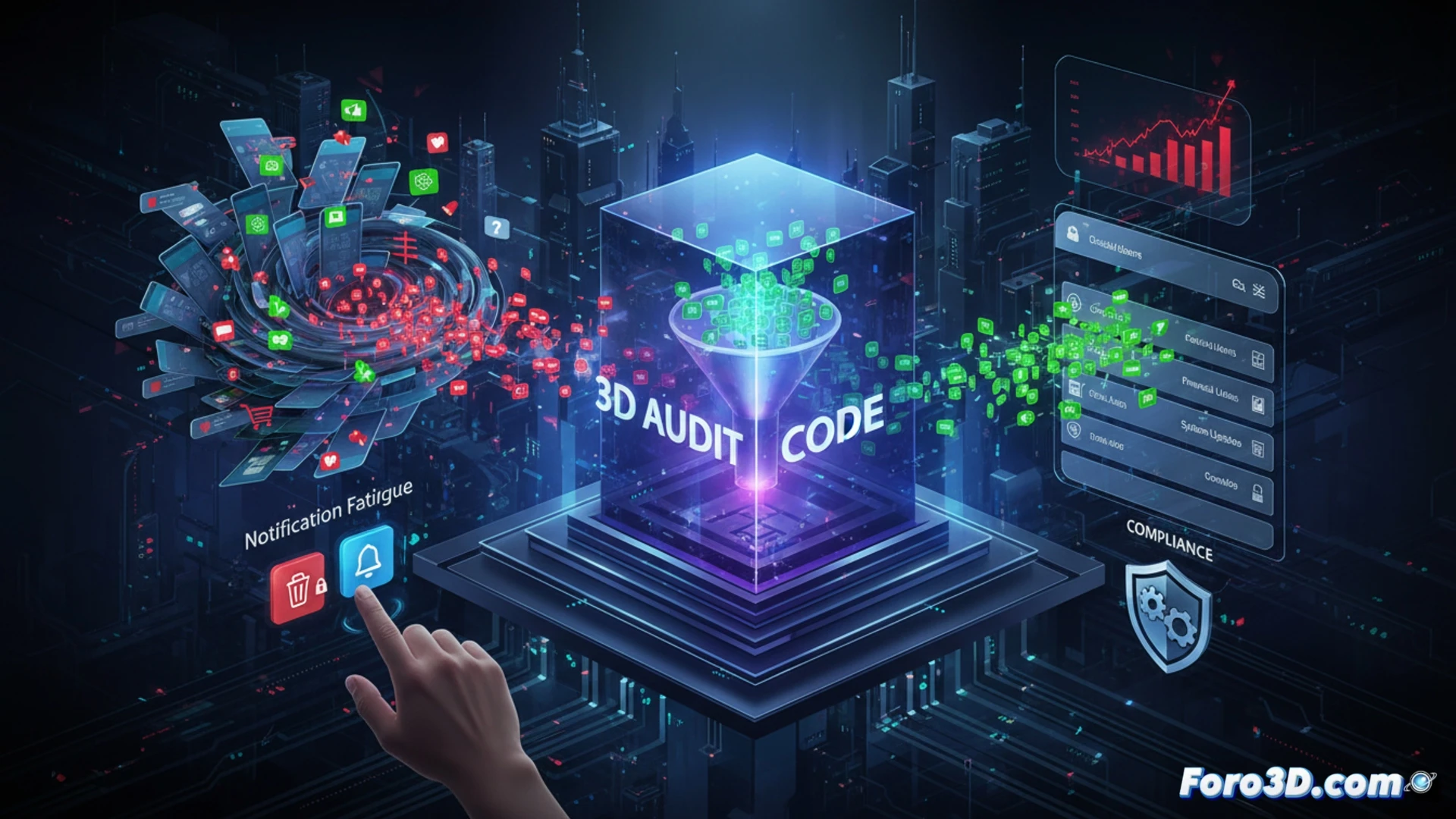 Icono de escudo 3D sobre fondo de notificaciones push apiladas con alertas de fraude bancario