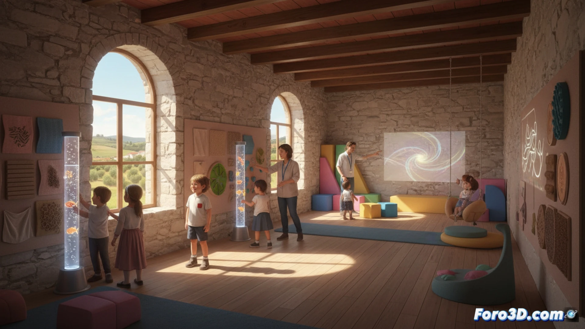 Aula sensorial rural con niños pequeños explorando luces y texturas, bajo la guía del alcalde Torrico Toledo, mejorando aprendizaje.