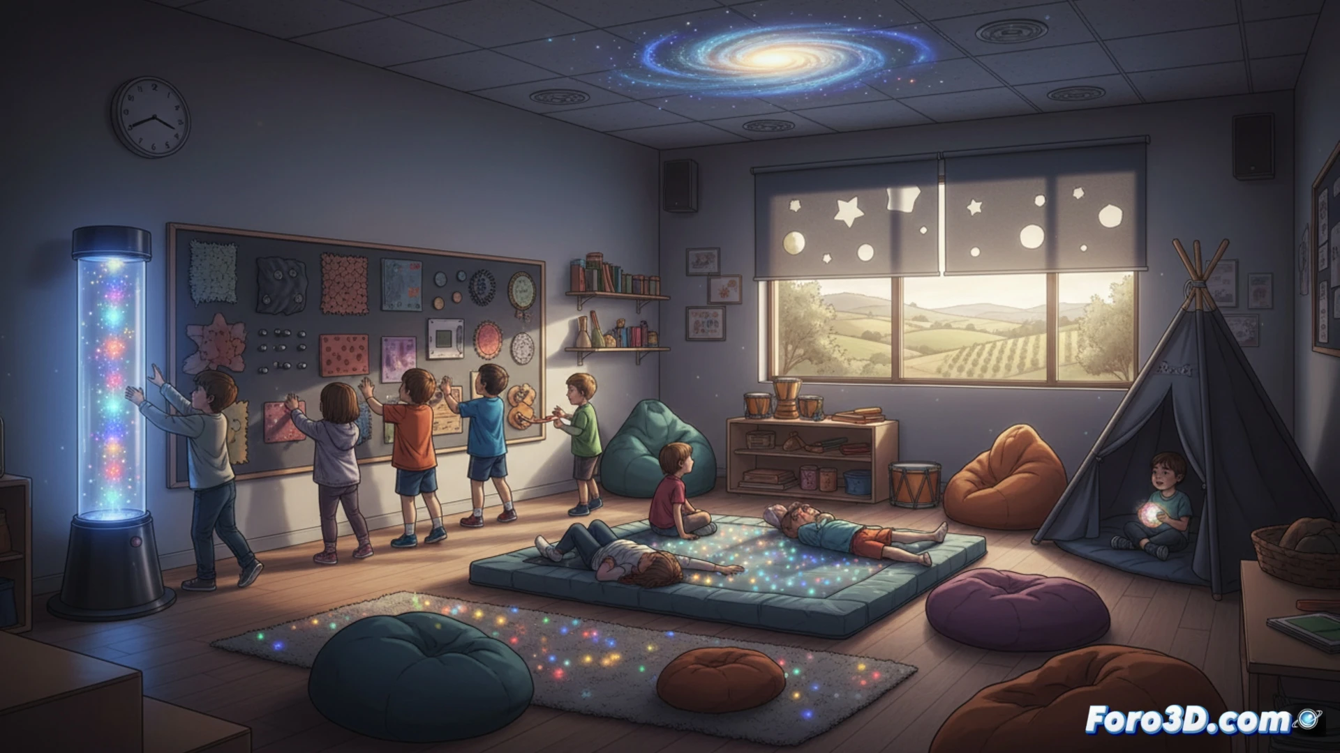 Aula sensorial en Torrico Toledo: niños exploran paneles táctiles y luces en entorno rural.