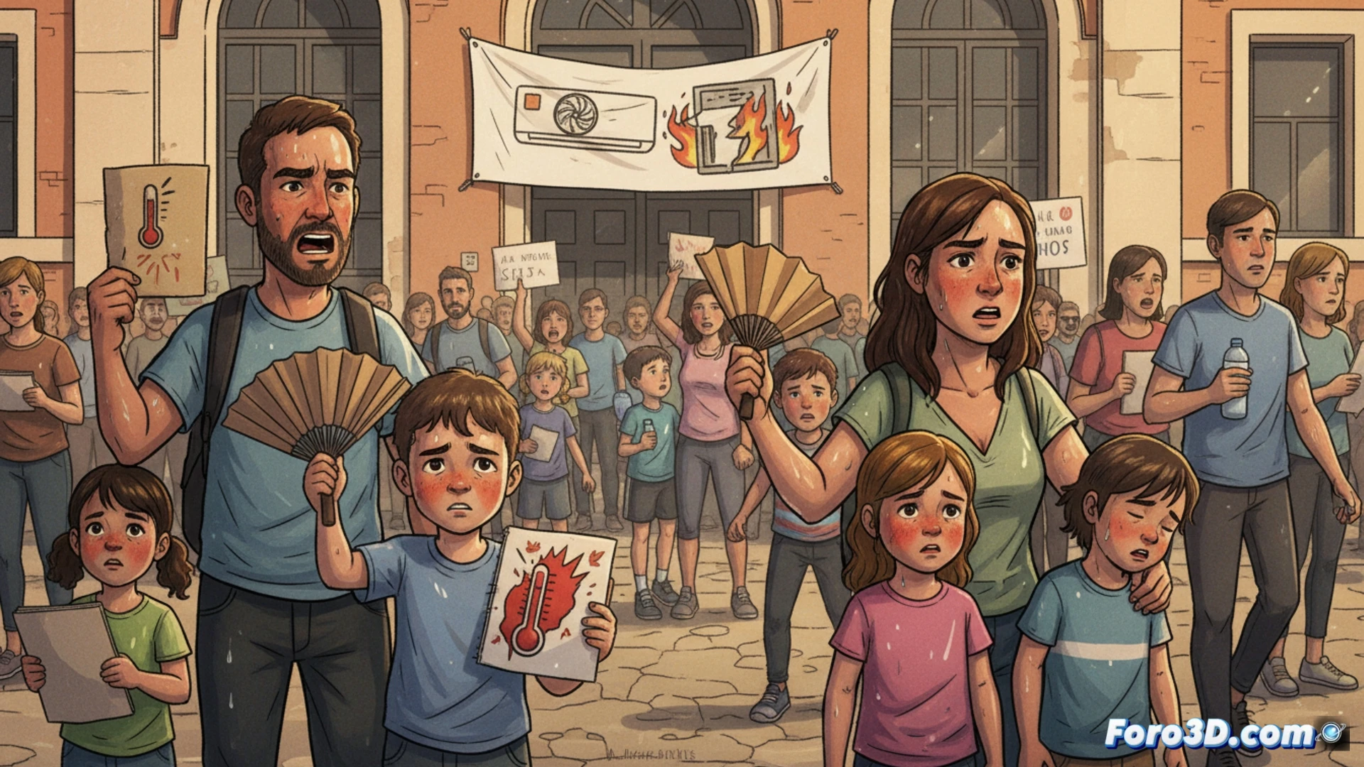 cinematic scene of a crowded Madrid public school classroom, midday sun blazing through large windows, digital thermometer on wall showing 40 degrees Celsius, children sweating and fanning themselves with notebooks while struggling to concentrate, parents holding protest signs outside the window visible through glass, broken air conditioning unit on the wall with exposed wires, technical engineering visualization, realistic heat haze distortion in the air, dramatic warm orange lighting, ultra-detailed classroom interior with desks and books, photorealistic architectural render