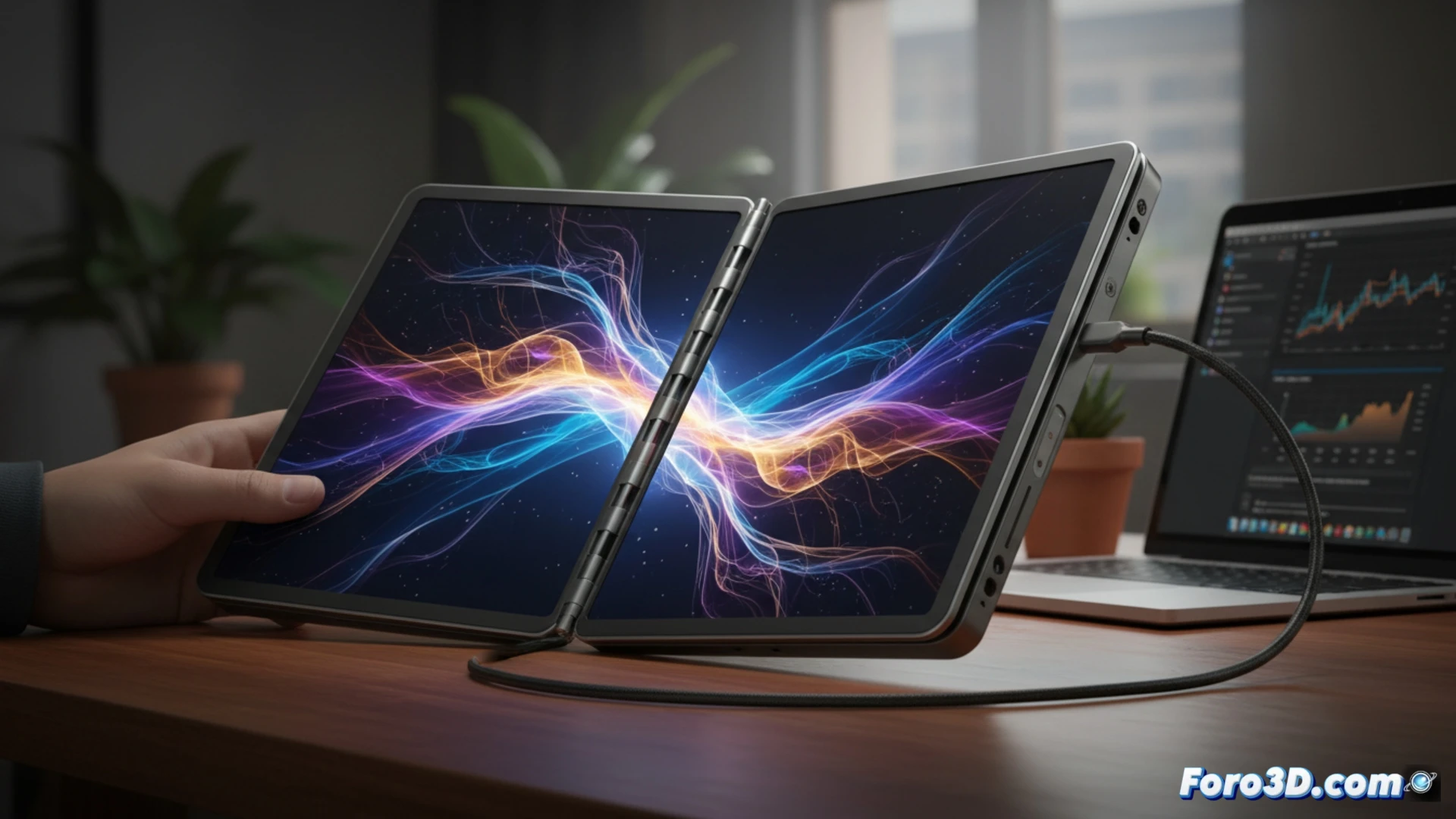 Monitor AMOLED plegable de 13 pulgadas, abierto como carpeta, conectado por USB-C a un portátil, sobre escritorio minimalista.