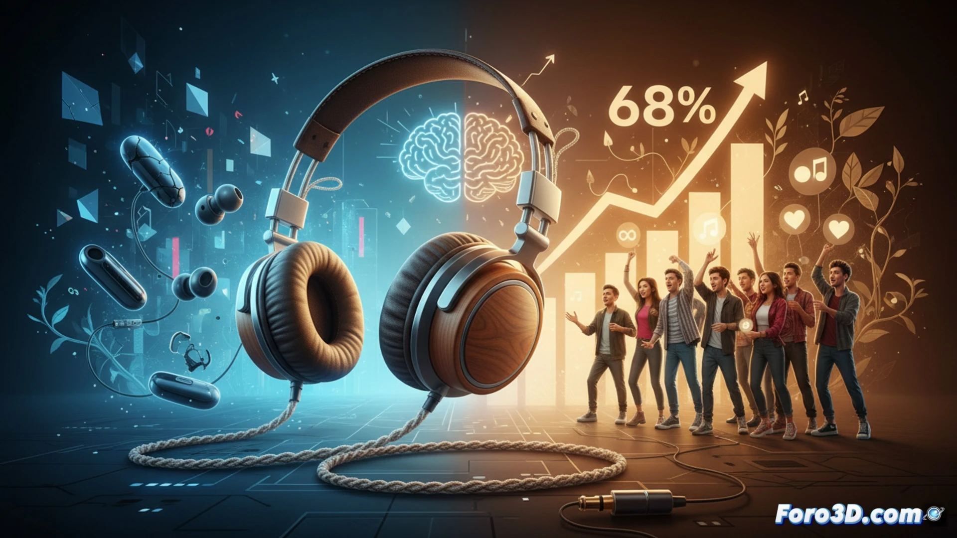 Un joven de la Generación Z sostiene auriculares con cable, junto a un gráfico de ventas al 68%. Fondo vintage Y2K y mensaje de durabilidad frente a obsolescencia.