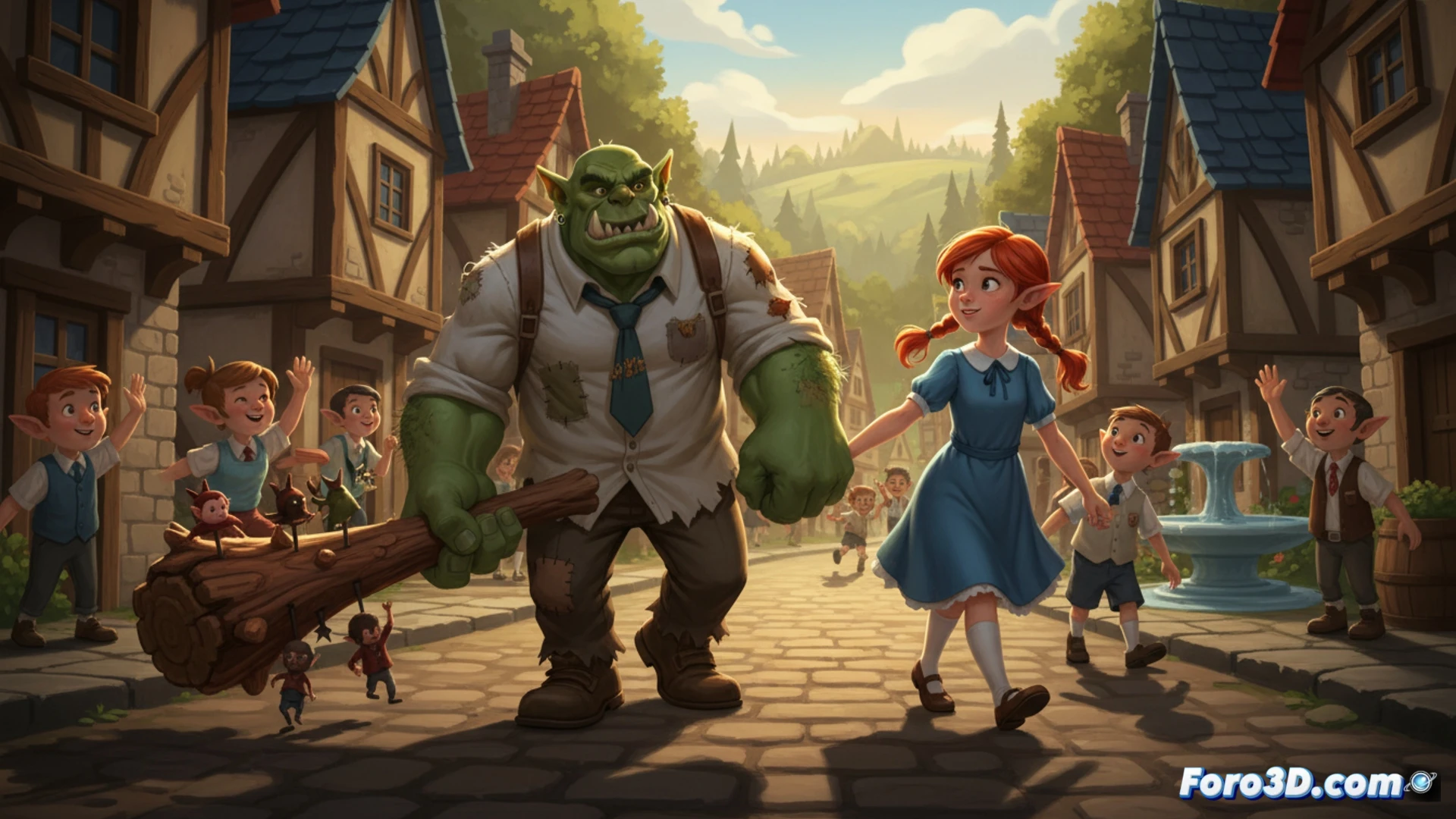 Una niña seria camina junto a un orco verde con garrote, entre elfos caídos. Nadie más repara en ellos.
