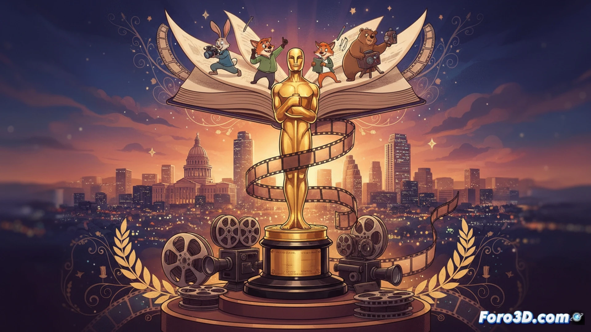 cinematic shot of a glowing Oscar statuette surrounded by floating animation tools, digital stylus drawing a character on a translucent tablet, film reel and storyboard panels overlapping in midair, timeline markers and play buttons hovering nearby, warm amber studio lights casting dramatic shadows, photorealistic technical illustration, animation software interface elements partially visible, motion blur on spinning film strips, ultra-detailed metallic textures, professional film festival atmosphere