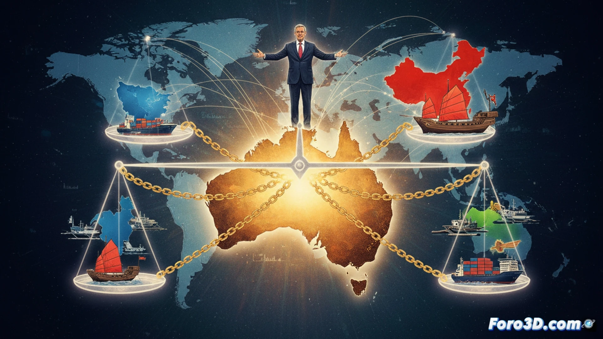 Un mapa de Australia flanqueado por banderas de China, UE, EEUU y ASEAN, simbolizando su comercio global equilibrado.