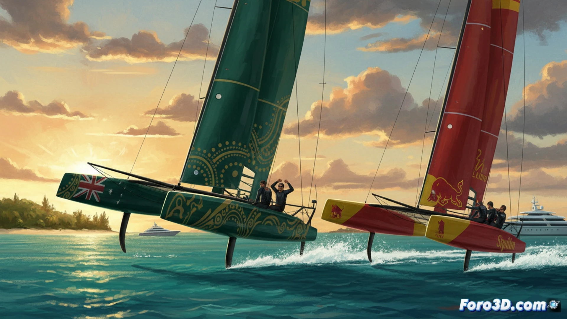 Dos barcos F50 veloces surcan aguas azules; el australiano, en primer plano, cruza la meta, mientras el español, en segundo plano, queda rezagado.