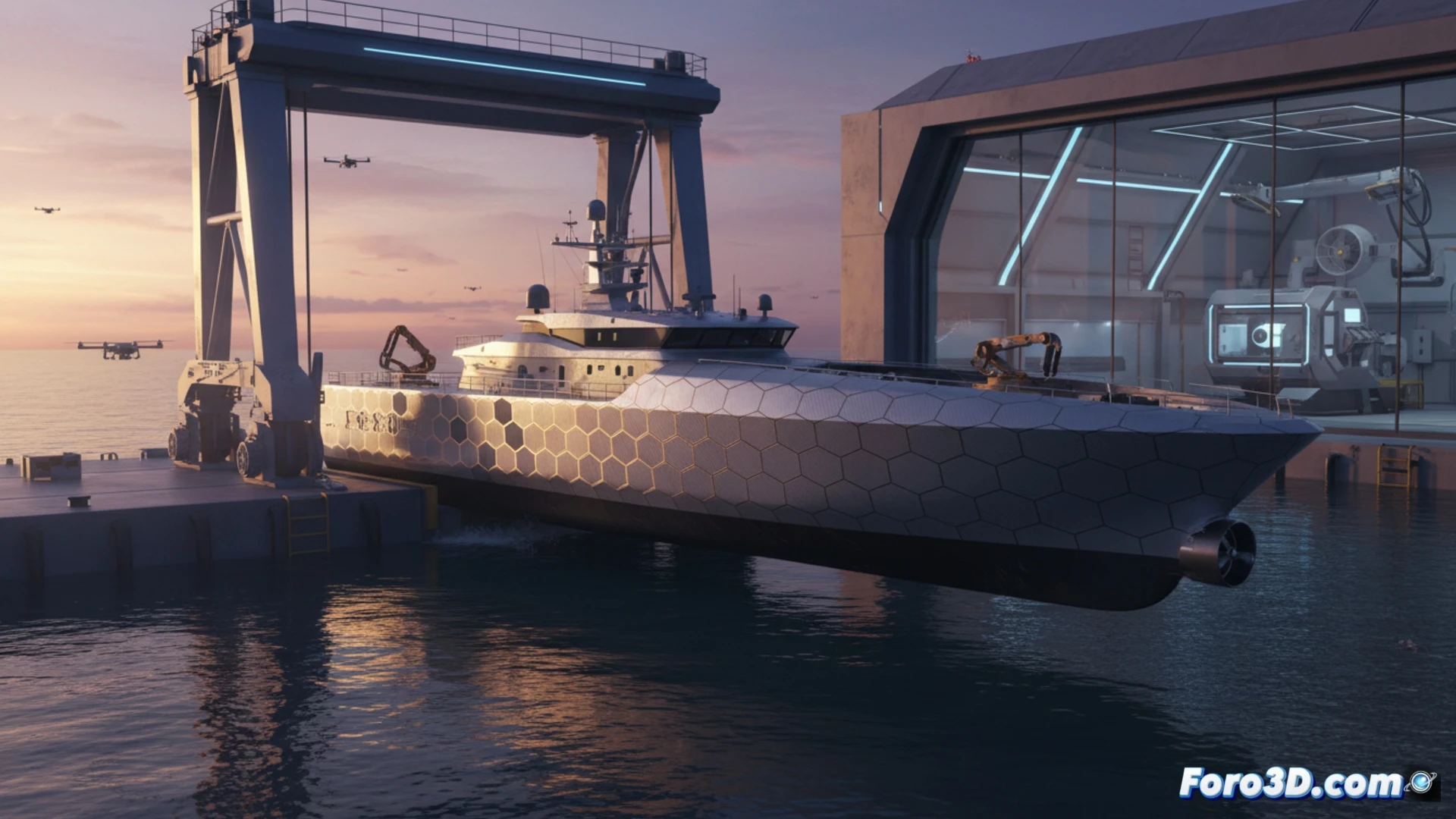 autonomous 3D-printed naval vessel launching from a dry dock into choppy ocean waves, robotic arms holding large-scale additive manufacturing nozzle mid-construction of hull layers, glowing blue control console displaying real-time navigation data and autopilot systems, carbon-fiber composite texture visible on deck, military-grade radar dome rotating on top, spray of seawater against reinforced bow, engineering visualization style, photorealistic metallic surfaces, dramatic overcast lighting, sharp focus on mechanical joints and sensor arrays, no human figures visible, clean industrial background with crane and gantry shadows