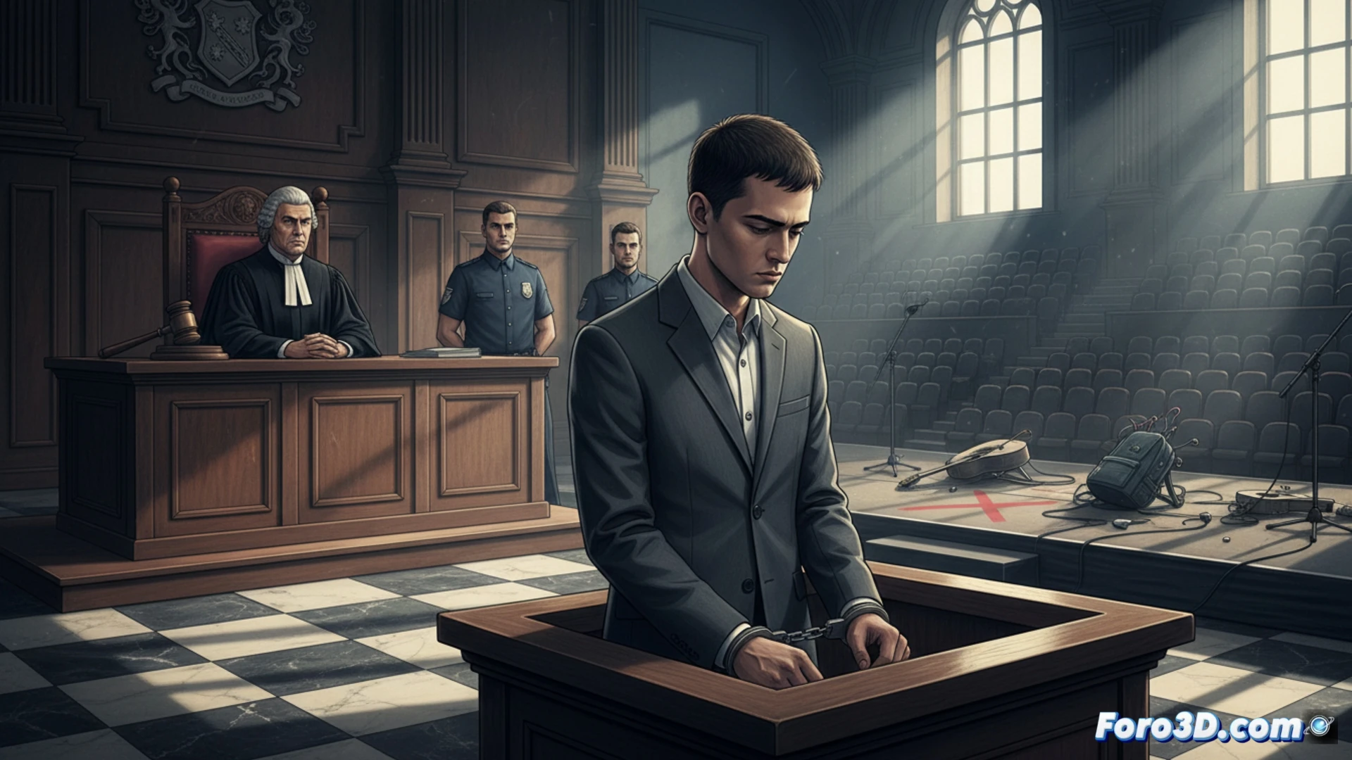 austrian courtroom scene, judge pronouncing sentence, young defendant in glass security booth with hands clasped, digital evidence screen showing concert venue map with red X marks, knife and explosive device diagrams on holographic display, police officers standing guard, cancelled Taylor Swift concert poster in background with stamp, distressed fans outside courtroom window, photorealistic cinematic style, dramatic overhead lighting, dark wooden benches, tense atmosphere, ultra-detailed facial expressions, technical evidence visualization