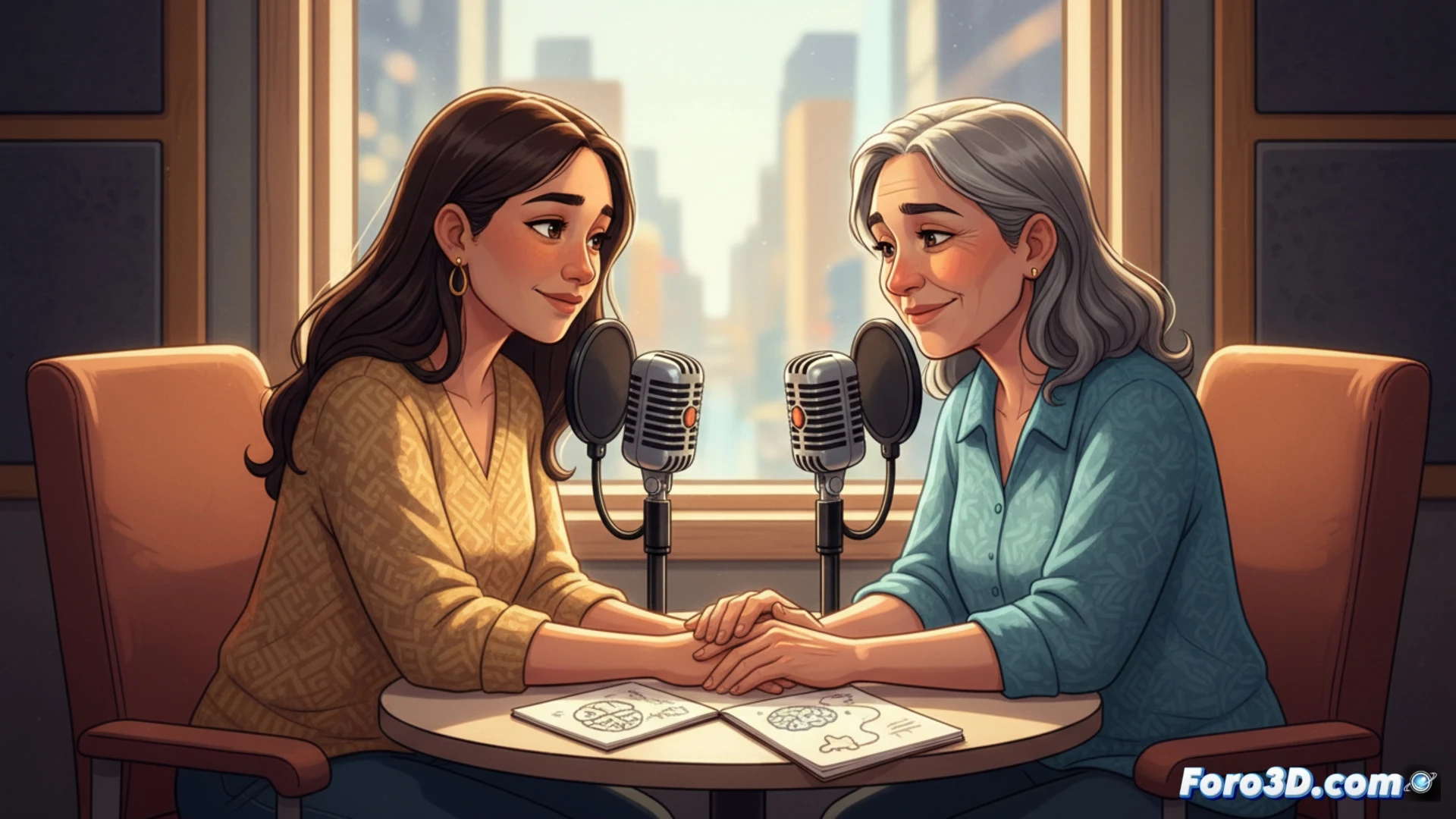 mother and young adult son sitting face-to-face at a wooden kitchen table, morning light streaming through a window, son gesturing calmly while explaining a thought, mother leaning forward with attentive expression, both holding warm mugs, subtle sensory-friendly details like soft lamp glow and noise-cancelling headphones resting on the table, cinematic photorealistic style, warm natural lighting, shallow depth of field, intimate close-up framing, emotional connection through eye contact, realistic skin textures and fabric folds, domestic cozy atmosphere, ultra-detailed interior scene
