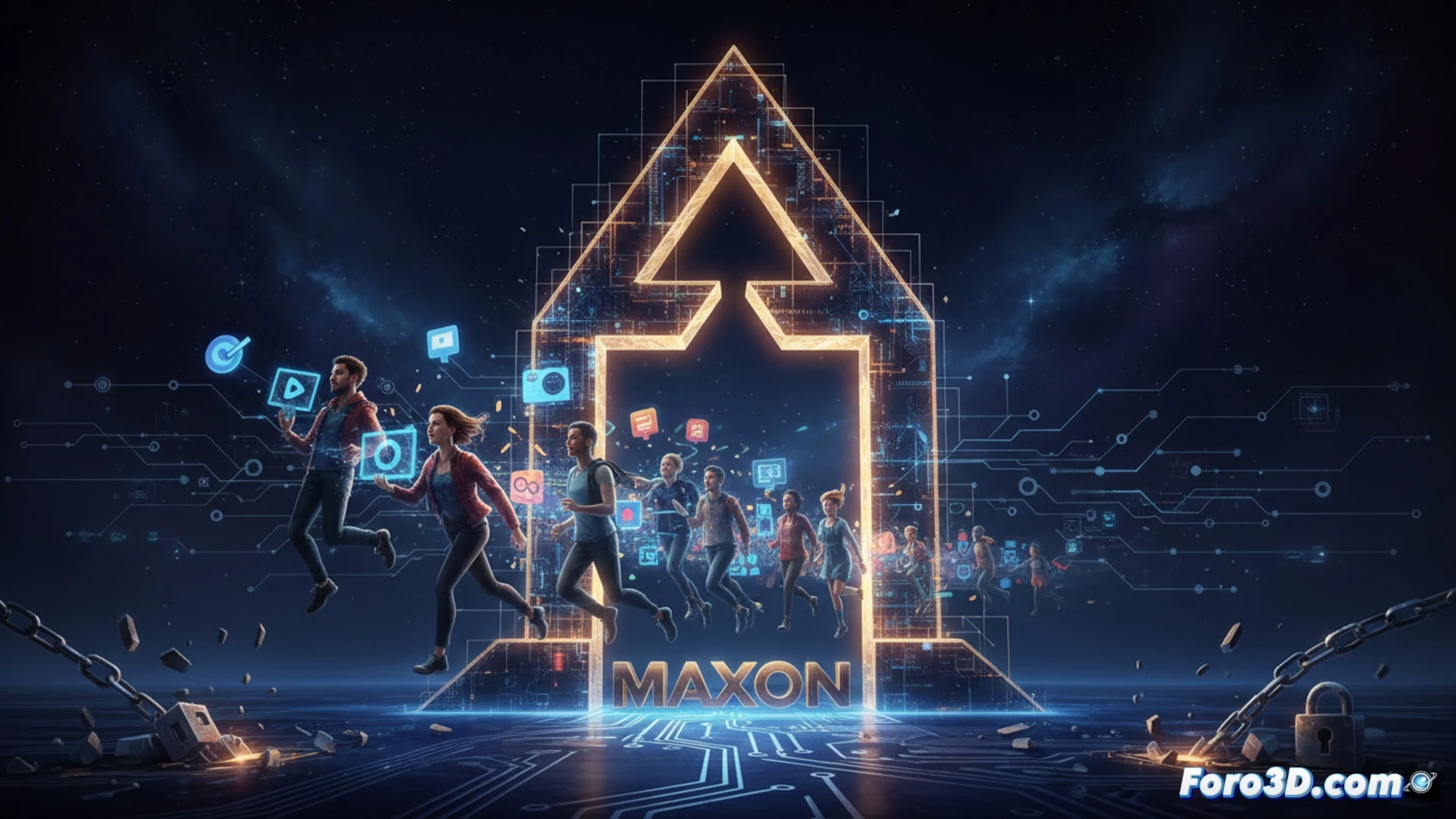 Un equipo diverso colabora en pantallas gigantes con gráficos vibrantes en 3D y efectos visuales, mientras el logo de Autograph y Maxon brillan en un estudio moderno.
