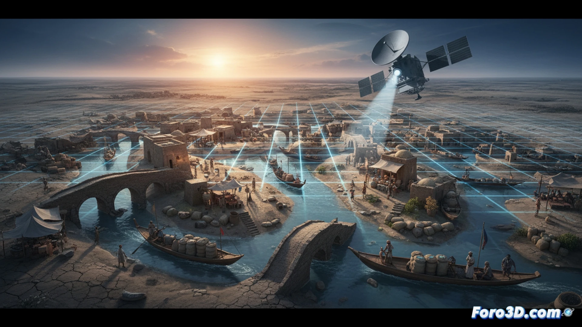 Ancient submerged canal network in desert landscape, satellite image overlay revealing underground waterways beneath sand dunes, archaeologists analyzing holographic map projection showing water flow patterns, clay tablets with cuneiform script nearby, surveying equipment and ground-penetrating radar screens displaying subsurface structures, golden sunset casting long shadows over excavation site, dramatic aerial perspective combining historical ruins with modern technology, photorealistic archaeological visualization, cinematic lighting emphasizing ancient engineering grandeur, ultra-detailed stonework and irrigation channels, technical illustration style with cross-section views of tunnel systems