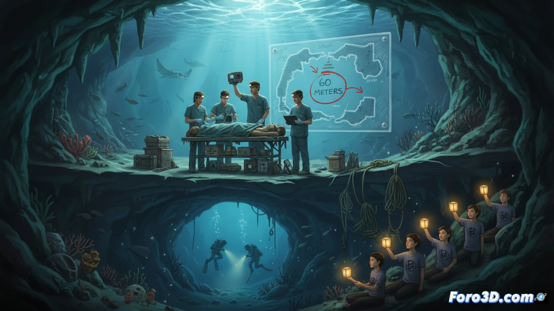 forensic team examining recovered GoPro camera on stainless steel table, scuba diving regulators and depth gauge showing 60 meters, underwater cave map with marked accident location, computer screen displaying dive log data and oxygen consumption curves, autopsy instruments arranged in sterile tray, technical illustration style, cold blue-white lighting, shallow depth of field focusing on the camera and gauges, photorealistic medical investigation scene, precise mechanical details on dive equipment, dramatic shadows emphasizing the forensic process