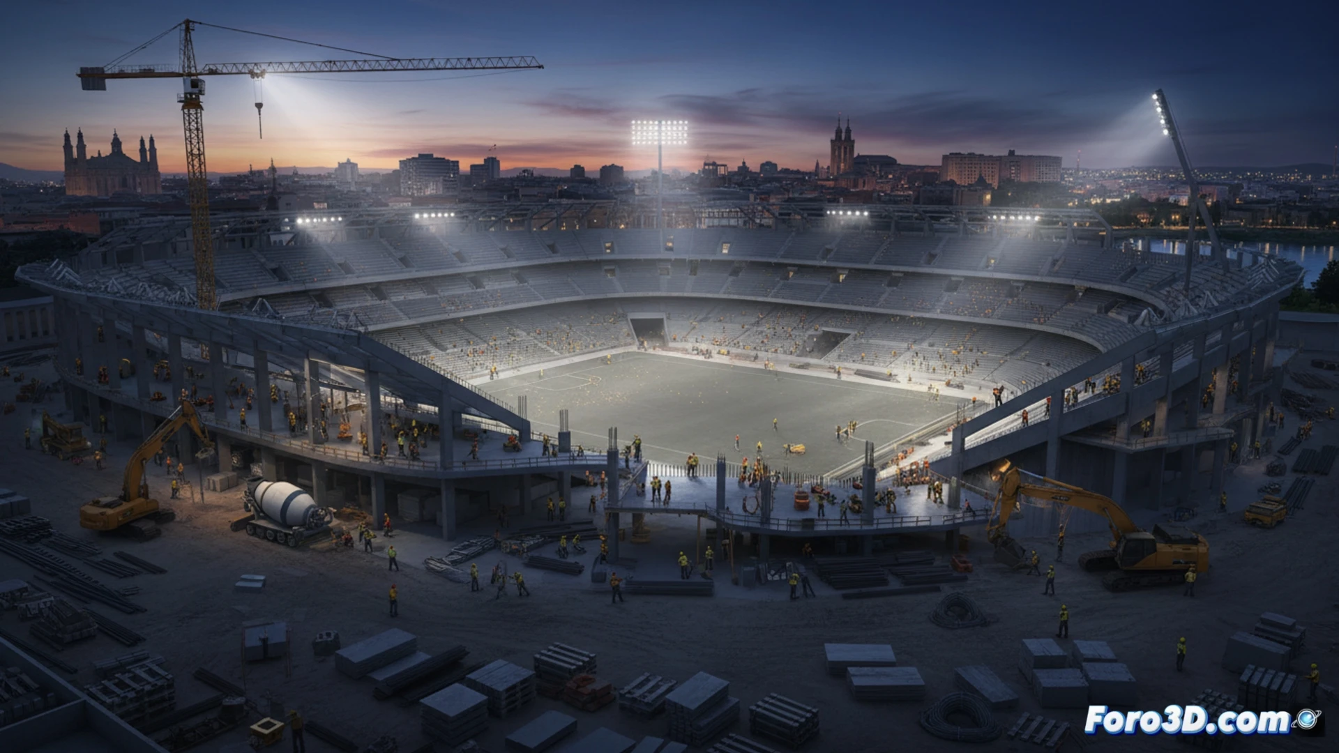 Una vista aérea del estadio La Romareda en obras, con 200 obreros y grúas sobre la estructura, simbolizando los 124,5 millones de inversión.