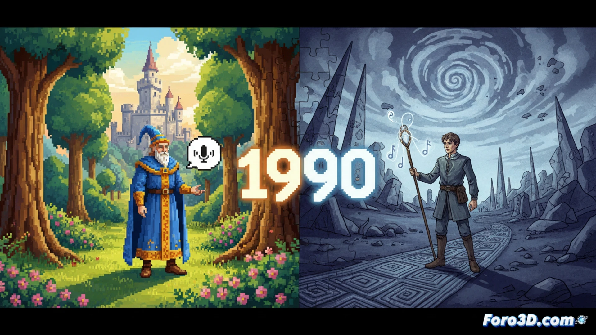 Una composición dividida muestra a King Graham pixelado junto a un hilo mágico de LOOM, con colores vibrantes y tonos oscuros contrastando, evocando 1990.
