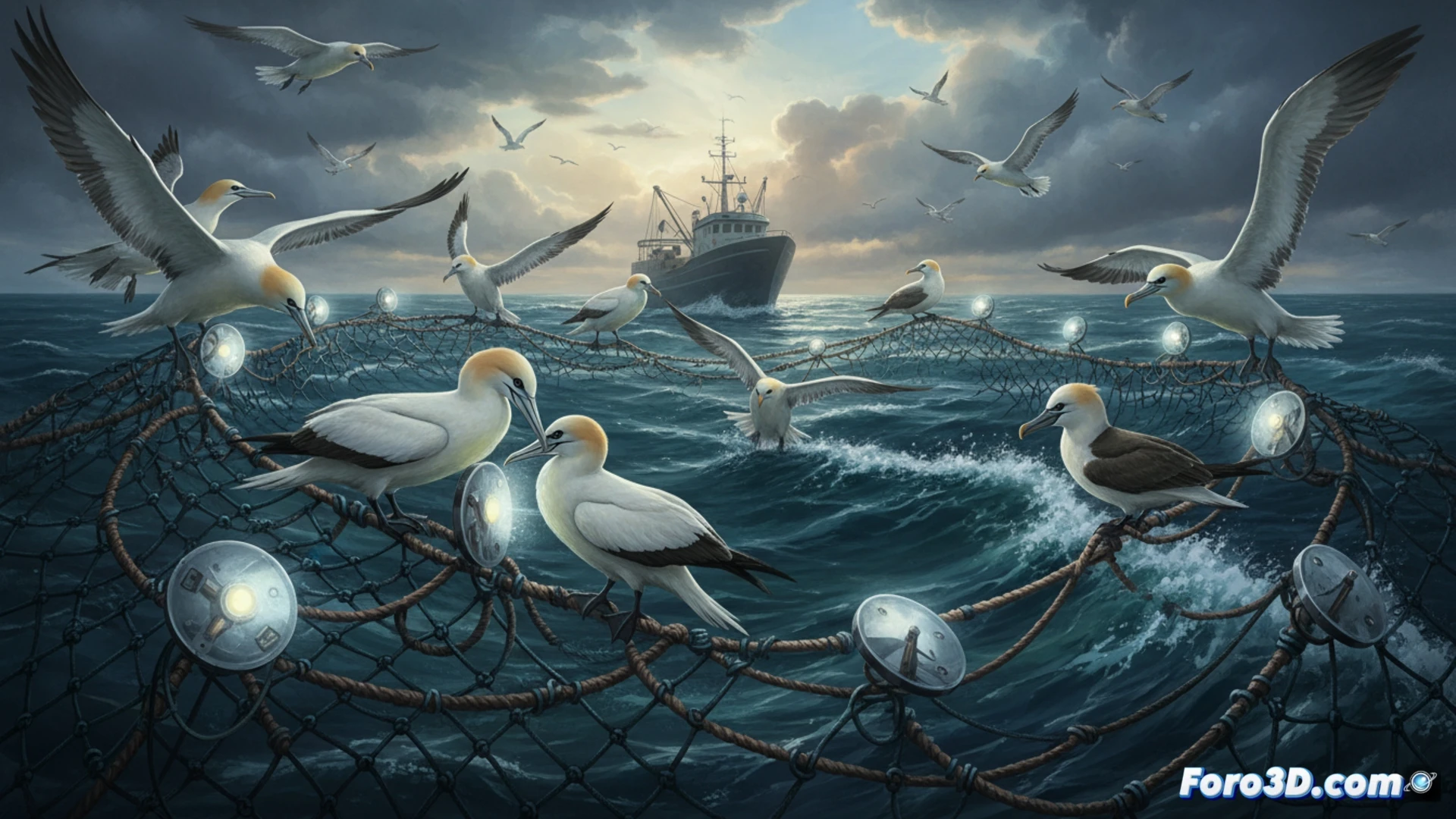 fishing net underwater scene, seabirds diving near net mesh, orange spherical deterrent devices attached to net ropes, bird approaching device while another bird flies past ignoring similar device, demonstrating adaptation to predictable stimuli, technical illustration style, clear water visibility, net fibers visible, device details with attachment clips, seabird species identifiable, realistic ocean lighting, photorealistic marine engineering visualization, action showing bird learning behavior