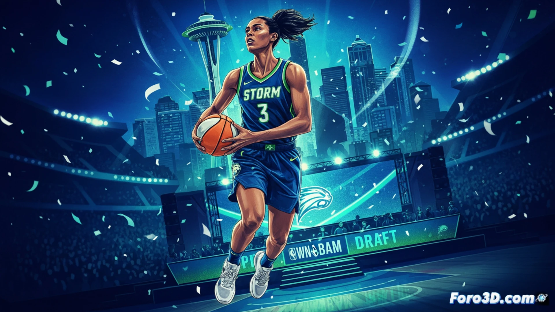 Awa Fam dribbling a basketball during a WNBA training session, wearing a Seattle Storm jersey, sweat droplets flying off her hair as she executes a crossover move, basketball court floor with team logo visible, motion blur on her legs, high-intensity action, photorealistic sports photography, dramatic arena lighting, deep shadows, dynamic pose, athletic tension in muscles, hardwood reflections, net visible in background, cinematic realism, ultra-detailed fabric texture, professional sports visual.