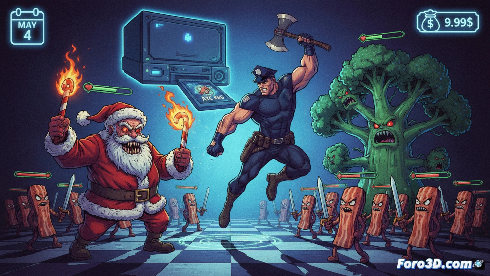 Axe Cop salta en pantalla con hacha gigante, rodeado de enemigos tontos como Bad Santa, en estilo RPG pixelado.