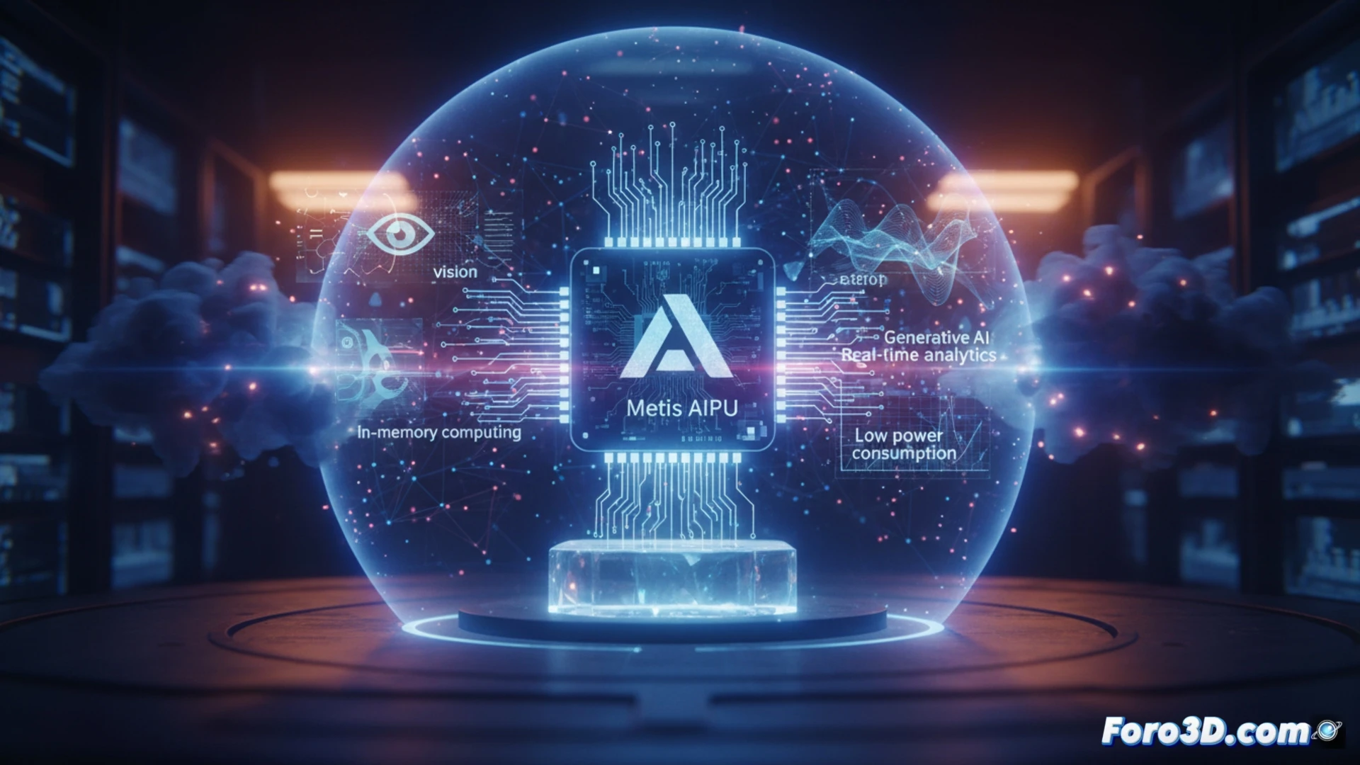 Close-up of a Metis AIPU chip mounted on a circuit board, glowing orange data streams flowing vertically from the chip into a small edge device, while a holographic projection above shows a real-time video analytics dashboard with human silhouettes and traffic patterns, energy efficiency metrics displayed as a pulsing green bar, photorealistic technical illustration, cool blue and neon orange lighting, shallow depth of field, carbon fiber and copper heatsink textures, hyperdetailed semiconductor die visible through translucent packaging, cinematic engineering visualization