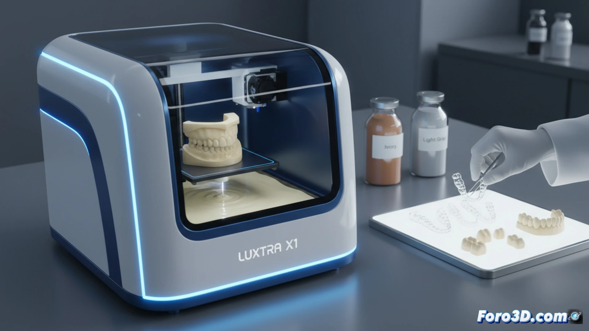 Photorealistic technical illustration of Axtra3D Lumia X1 SLA 3D printer in a dental lab, printing a dental arch model in KeyModel Ultra Ivory resin, dental technician holding a transparent aligner being thermoformed over the printed model, precision scalpel carving the resin surface without chipping, glowing blue UV laser scanning across resin vat during printing, bright white LED curing light on finished aligner, smooth ivory-colored dental model with fine detail on occlusal surfaces, polished metal printer components visible, soft clinical lighting with cool shadows, cinematic macro shot emphasizing material clarity and structural precision