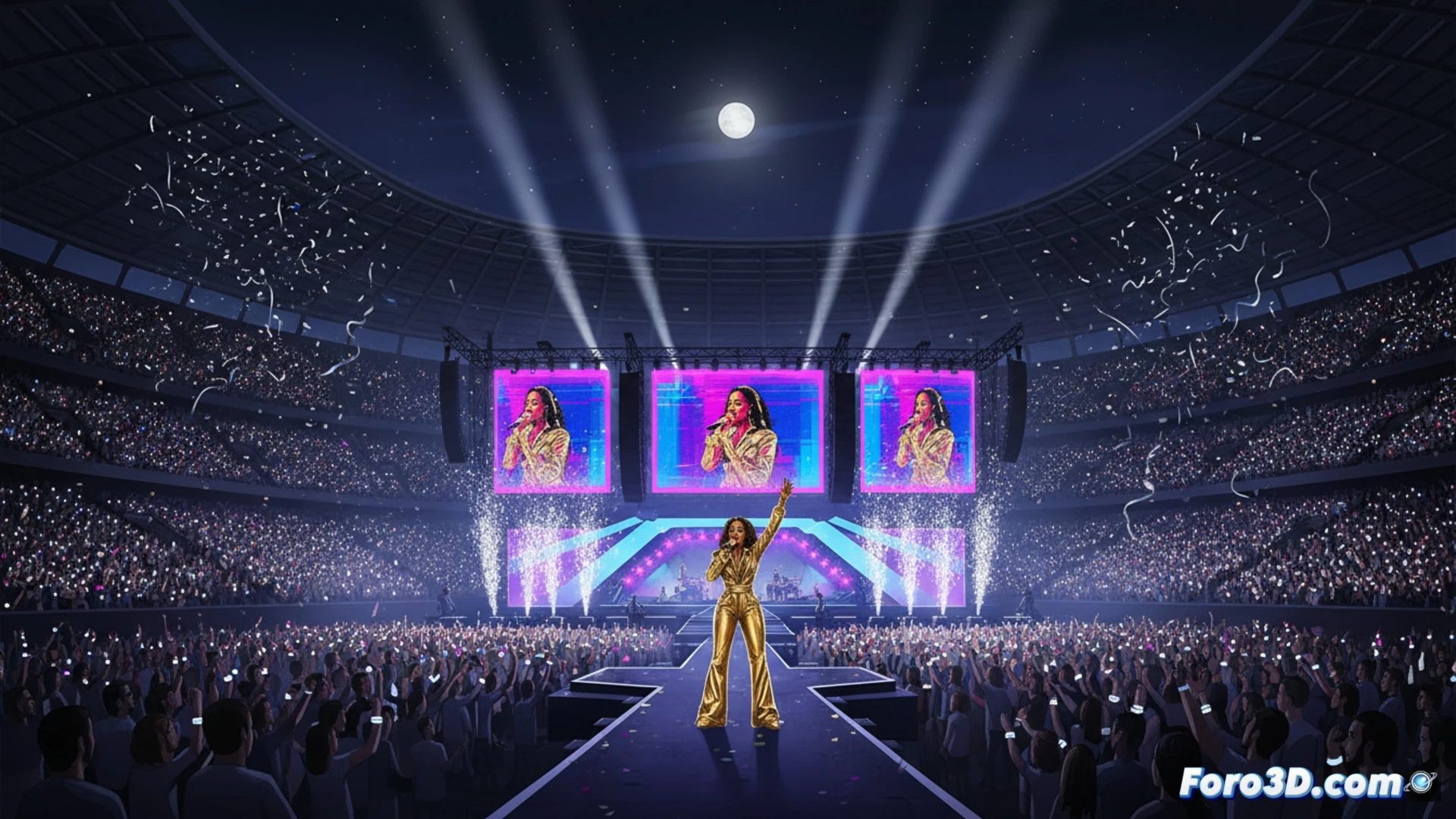 Aya Nakamura performing on a massive stage at Stade de France, 70,000 fans waving glowing phone lights during a three-hour concert, stage lighting rigs and speaker arrays illuminating the crowd, smoke machines and laser beams cutting through the night air, cinematic concert visualization, wide-angle shot capturing the packed stadium, energetic crowd movement, hands raised in unison, dramatic blue and purple stage lights, photorealistic live event render, ultra-detailed audience and technical equipment