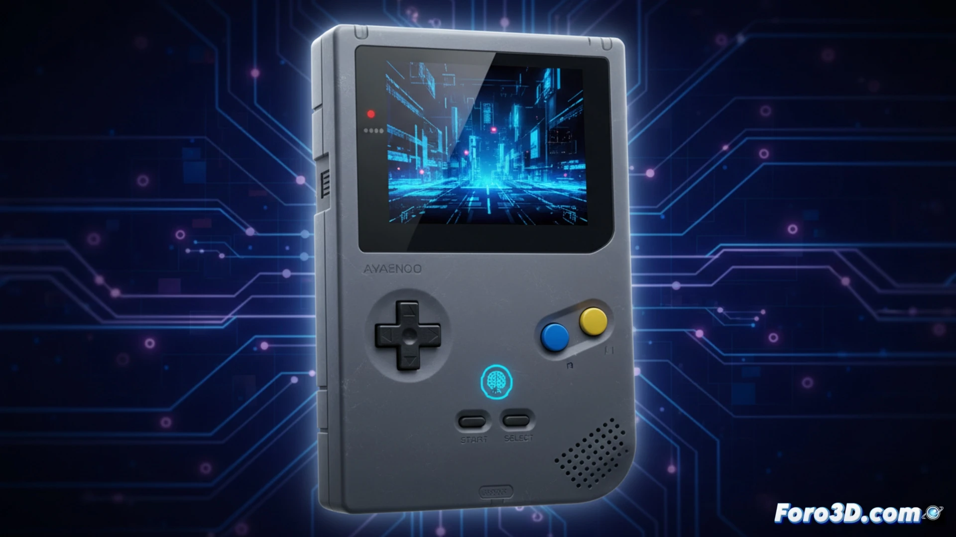 retro gaming handheld console with vertical Game Boy form factor, device tilted slightly showing Android interface on screen, AI chip component glowing subtly on the motherboard visible through translucent rear shell, engineer hand adjusting cooling fins during thermal test, microSD slot and USB-C port on bottom edge, photorealistic technical illustration, soft studio lighting casting sharp shadows on matte black plastic surface, subtle vaporwave gradient background, detailed PCB traces faintly visible, cinematic product visualization, hyperrealistic materials