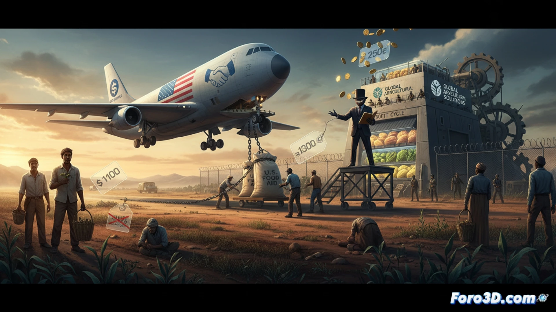 Cereal grain silos in the American Midwest, a shipping container labeled with US flag being loaded onto a cargo plane, while sacks of local grain rot in an open African market, farmers watching helplessly, contrasting supply chains, photorealistic documentary style, dramatic sunlight casting long shadows, dust particles in air, rusted silo metal, cracked earth in foreground, cinematic wide-angle shot, ultra-detailed textures, humanitarian critique visual
