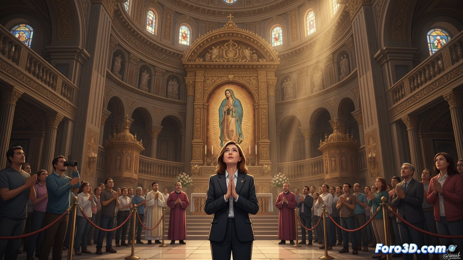La presidenta madrileña, Isabel Díaz Ayuso, de pie ante el altar de la Basílica de Guadalupe, con las manos juntas en actitud de oración. Al fondo, la imagen de la Virgen Morena y un altar decorado con flores. Viste un traje oscuro formal y una expresión serena. La luz tenue del templo ilumina la escena, destacando el carácter solemne y simbólico del gesto.
