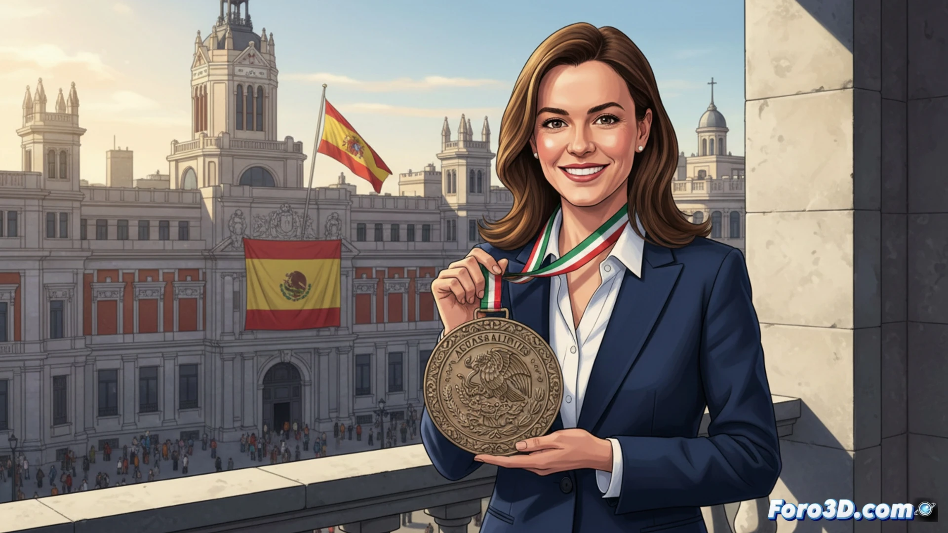 Isabel Díaz Ayuso sostiene la Medalla de Aguascalientes, sonriendo ante la Puerta del Sol, donde será colocada con orgullo.