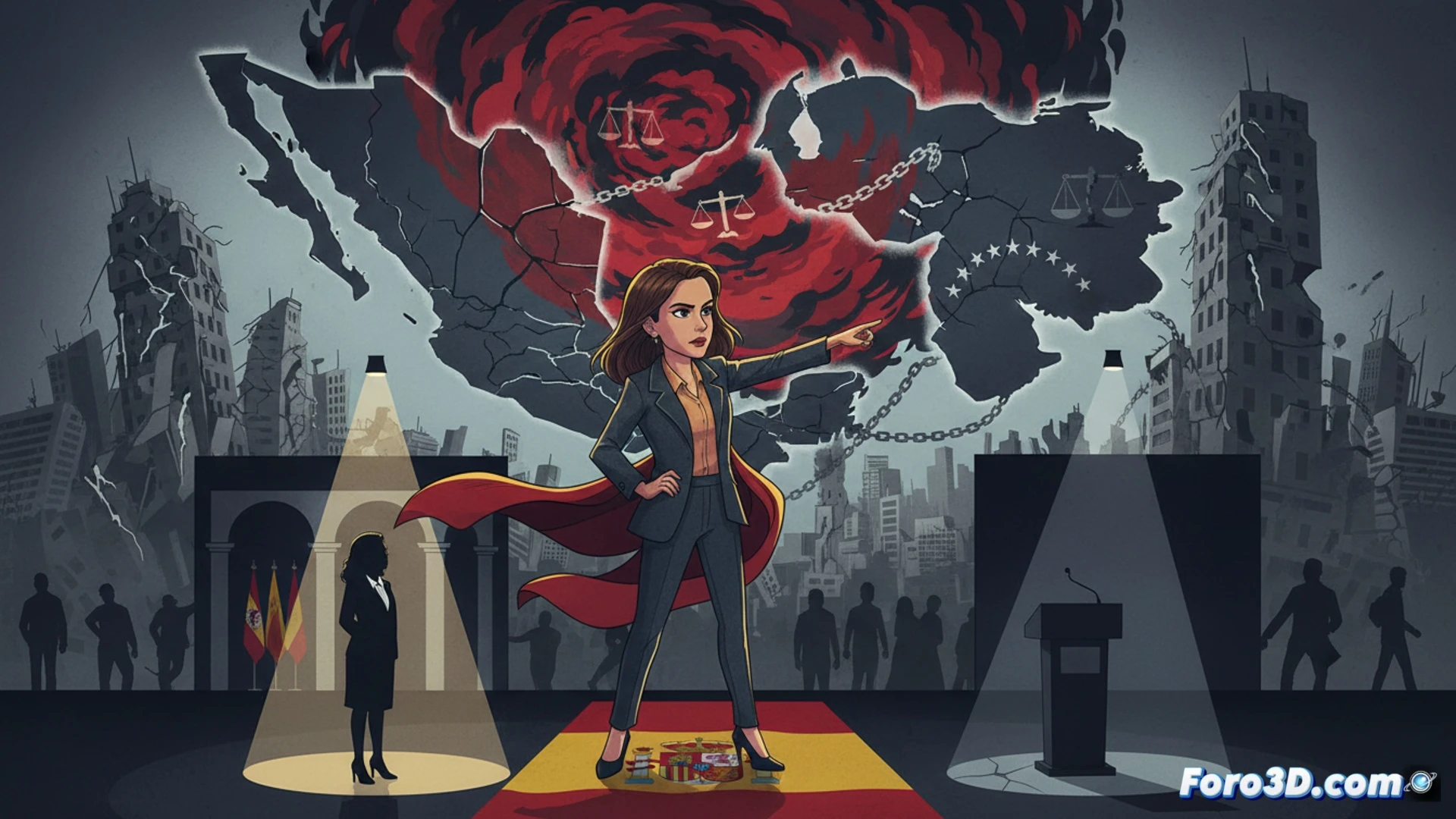 Isabel Díaz Ayuso señala a México, junto a mapa de Venezuela y retrato de Sheinbaum con gesto serio.