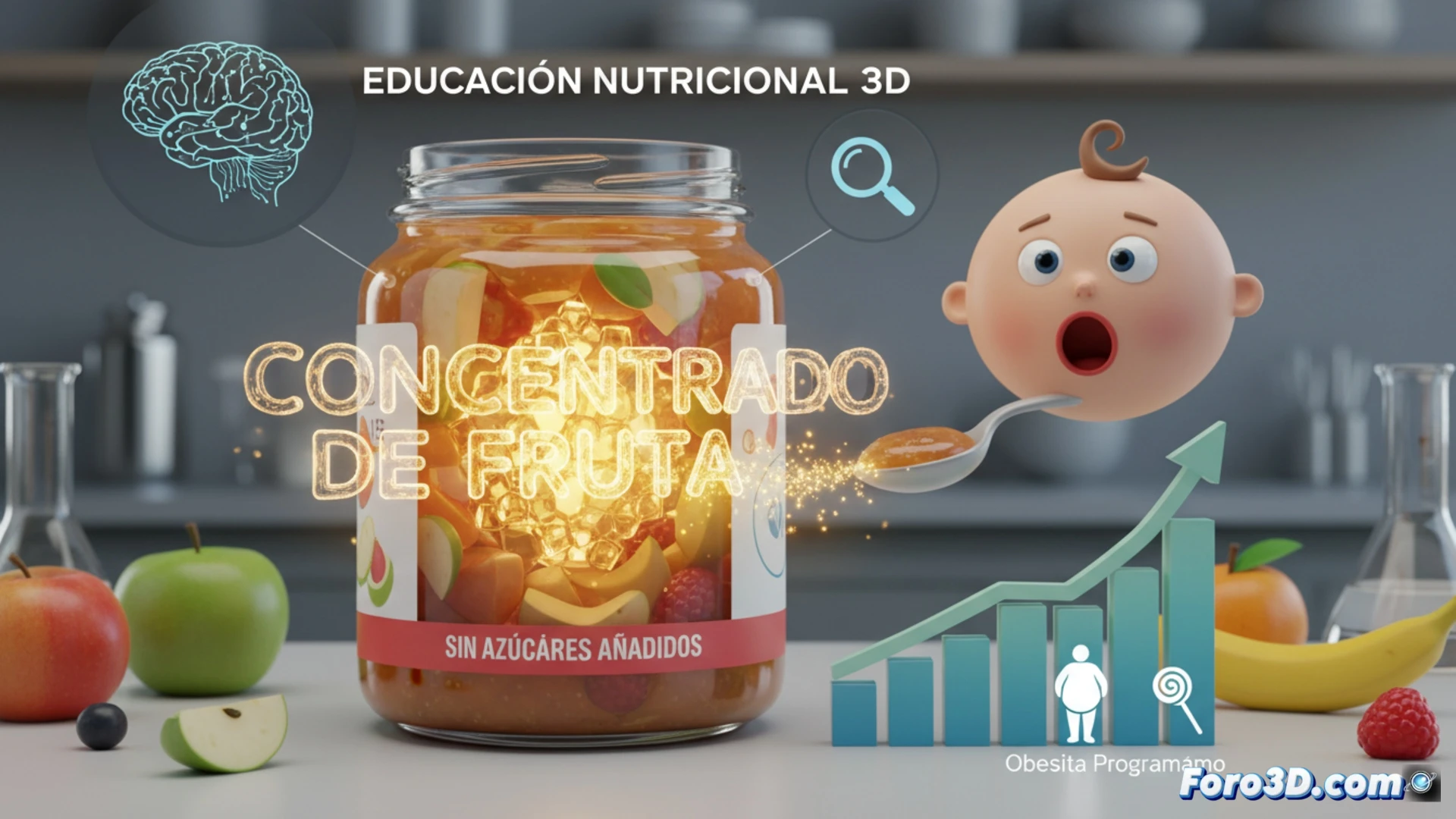 Infografía 3D de potito con concentrado de fruta oculto bajo etiqueta sin azúcares añadidos