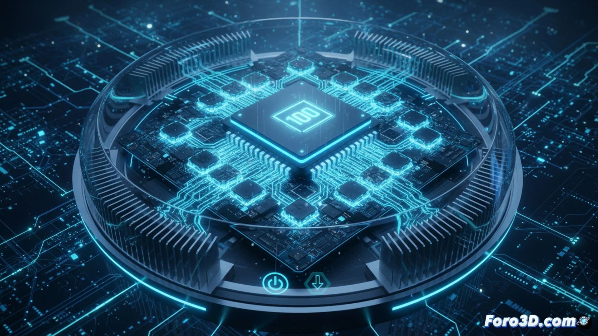 Azure Cobalt 100 processor being inserted into a server motherboard by a robotic arm, 128 glowing core units visible under a microscope-style cross-section, ARM Neoverse N2 architecture diagram floating above as holographic blueprint, cold blue LED lighting inside a Microsoft datacenter, thermal paste application process during installation, photorealistic engineering visualization, metallic heatsink with precision fins, data flow lines connecting to cloud storage racks, dramatic low-angle industrial lighting, ultra-detailed silicon wafer texture, cinematic technical illustration