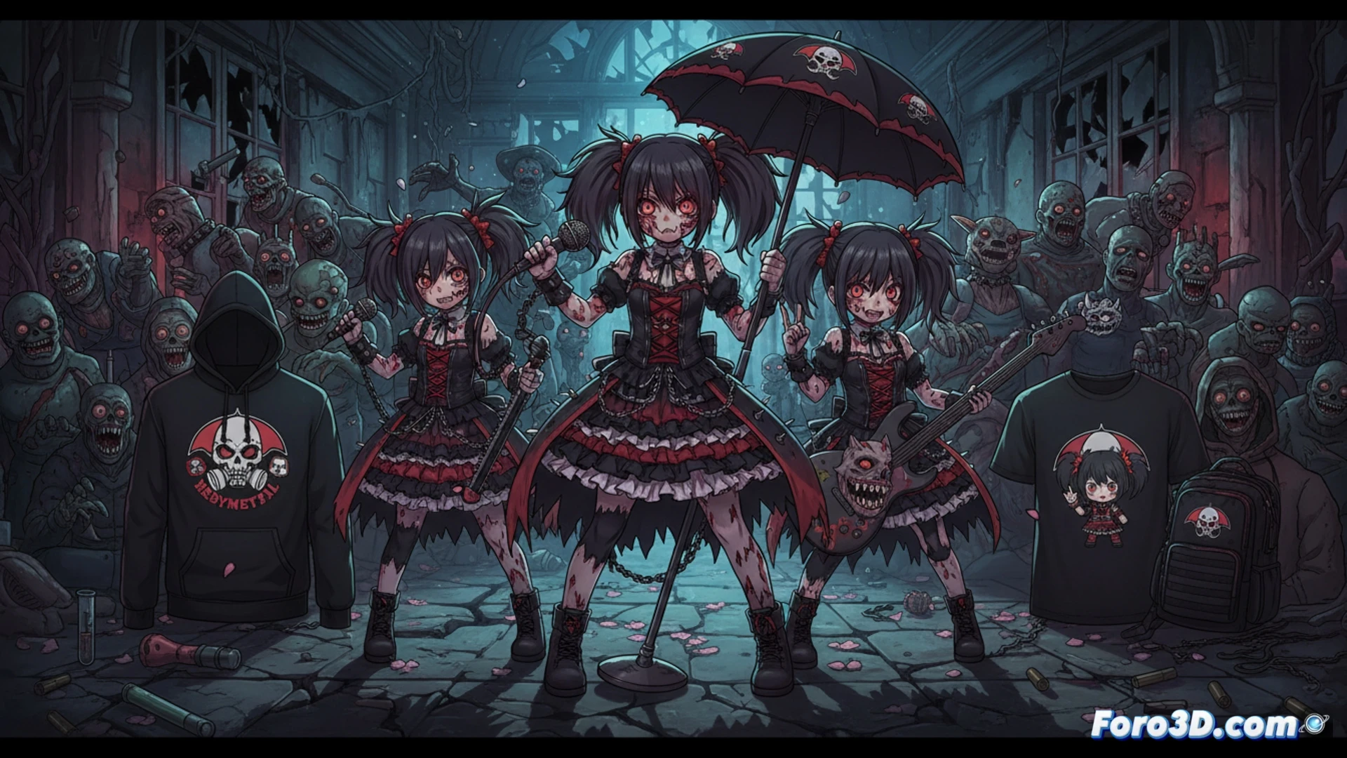 Japanese metal idols performing on stage while zombie silhouettes emerge from vintage arcade cabinets, stage lights casting dramatic shadows over vintage CRT monitors displaying pixelated biohazard symbols, kawaii skull accessories hanging from guitar straps, industrial fog mixing with neon pink and toxic green smoke, cinematic concert photography style, high-contrast dynamic lighting, crowd moshing with raised hands holding glowsticks, detailed fabric textures on gothic-lolita outfits, photorealistic dark carnival atmosphere, motion blur from headbanging action, technical stage equipment visible including mixing consoles and monitor speakers