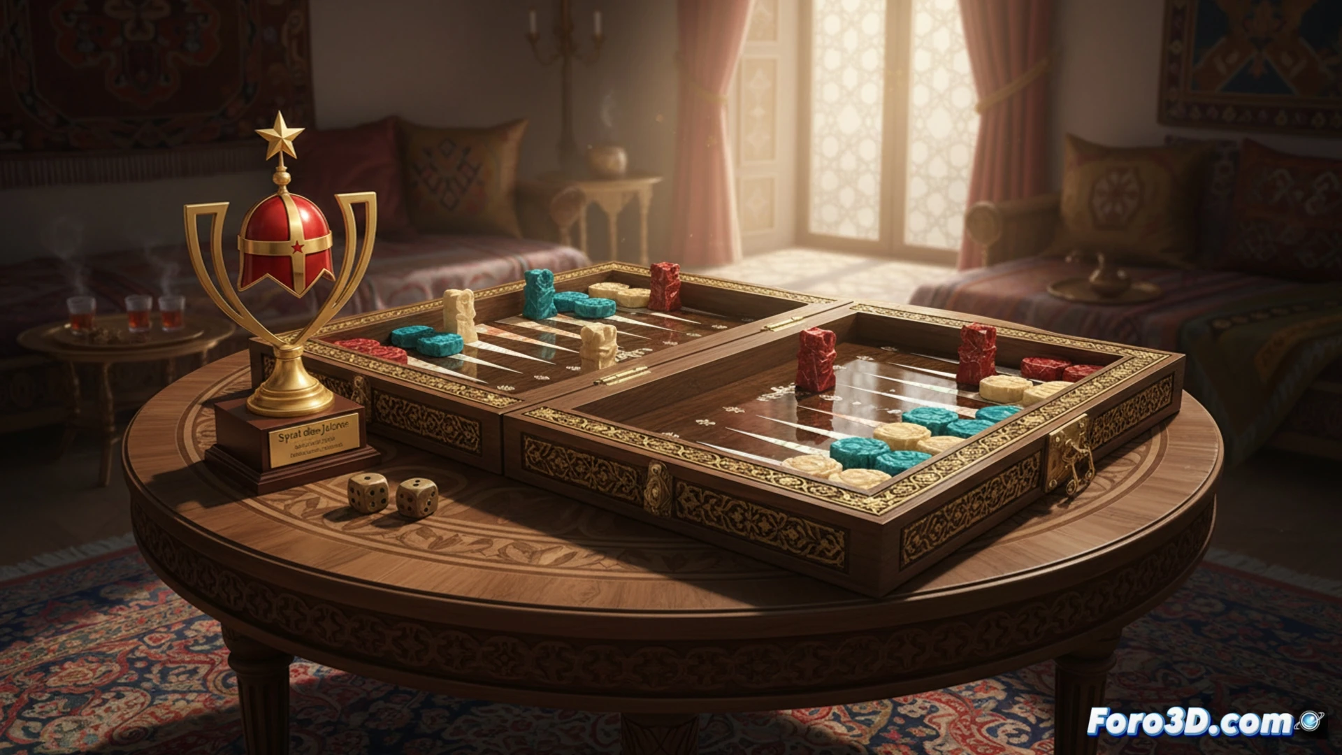 Una vista cenital de un lujoso tablero de backgammon XXL Yenigun en madera 3D, con piezas talladas y detalles dorados, sobre una mesa de roble.