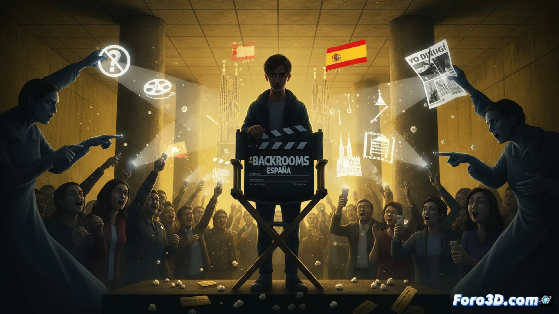 young male film director standing in a dark movie theater aisle, surrounded by editing monitors showing grainy hallway footage, holding a clapperboard while a shadowy figure whispers false rumors into audience members ears, cinematic photorealistic style, dramatic spotlight illuminating director from above, audience silhouettes turning heads suspiciously, film reels and camera lenses on floor, motion blur on whispering figure, cold blue and amber lighting contrast, ultra-detailed facial expressions of doubt, technical filmmaking equipment visible, 8k cinematic render