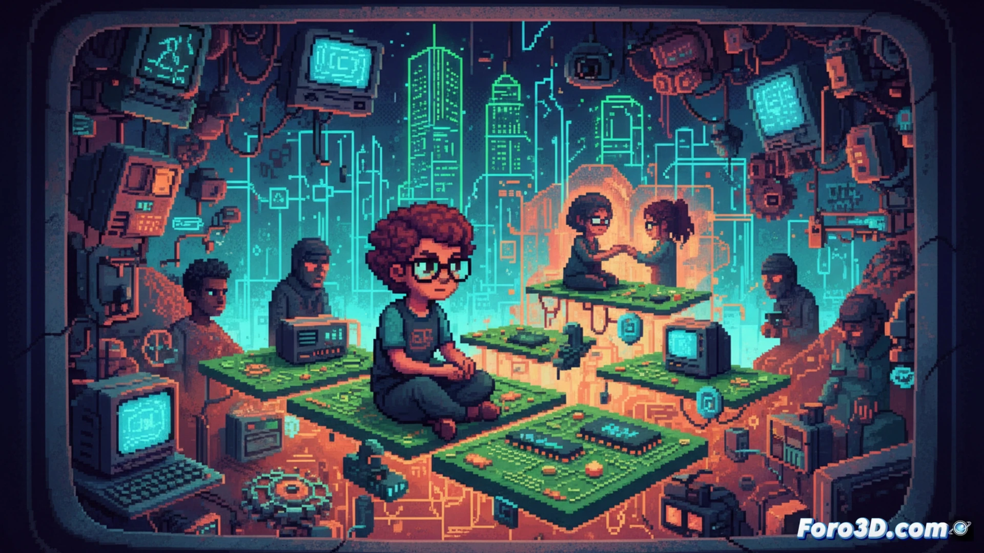 Una escena pixel art retro muestra a Lynn frente a un monitor CRT de 1984, con texto verde de BBS y un enlace yuri.