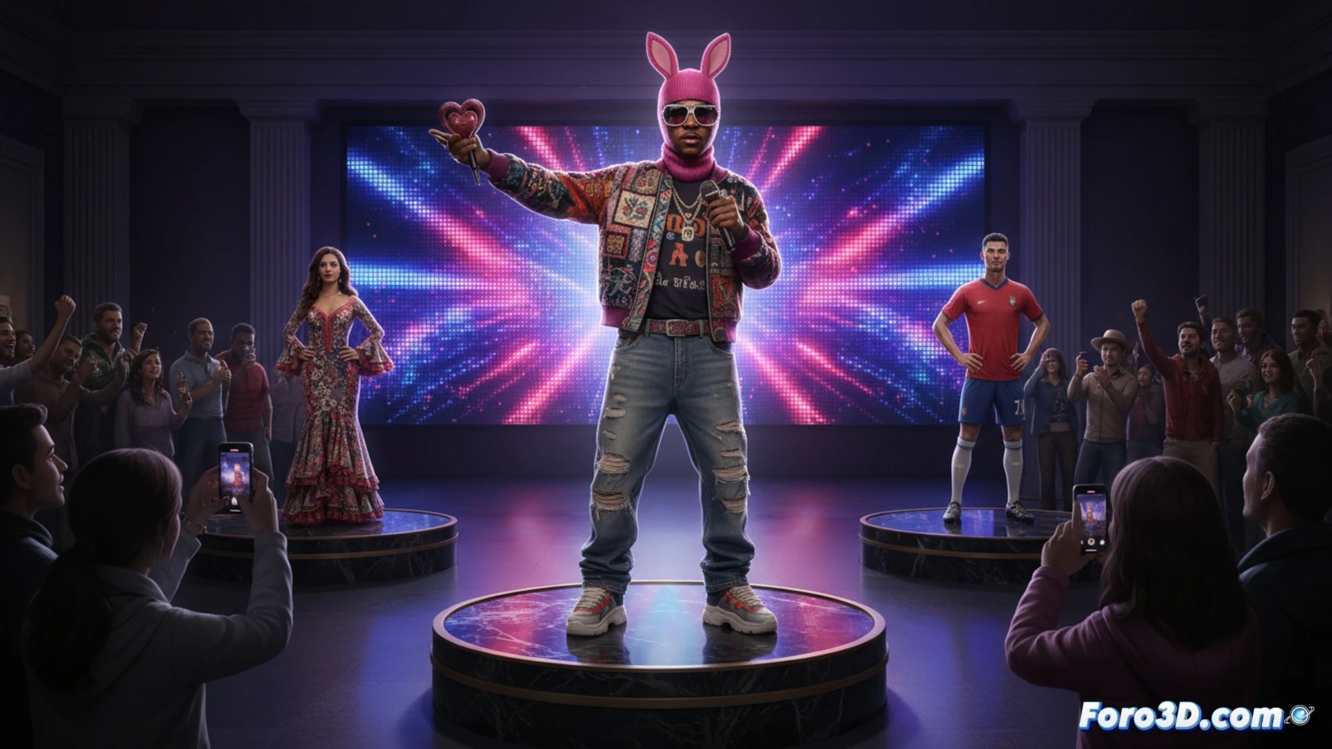Museo de Cera de Madrid, figura hiperrealista de Bad Bunny en proceso de instalación final, técnicos ajustando la base de metal y el sistema de iluminación LED mientras un brazo robótico sostiene la estatua, visitantes observando la escena detrás de una cinta de seguridad, detalles de la textura de la cera y el cabello sintético, reflectores de estudio iluminando el rostro del cantante, herramientas de calibración sobre una mesa cercana, estilo cinematográfico fotorrealista, acabado brillante en la superficie, fondo con vitrinas de otras celebridades, ambiente de galería moderno, iluminación dramática y contrastada