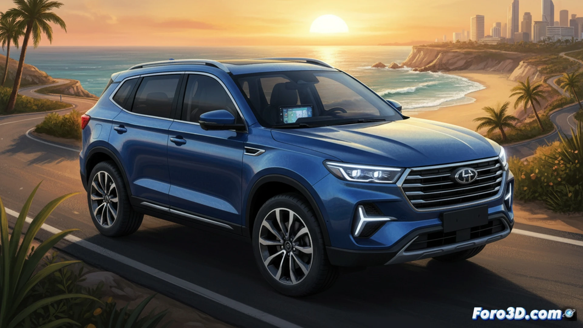 SUV chino Baic X75 en carretera, diseño robusto y moderno, pantalla táctil central, 177 CV, espacio amplio a precio competitivo.