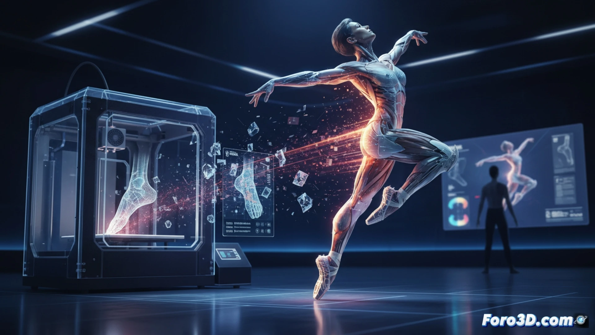 Bailarina en pose dinámica, rodeada de píxeles y una silueta 3D escaneada, con zapatillas personalizadas flotando en el espacio digital.
