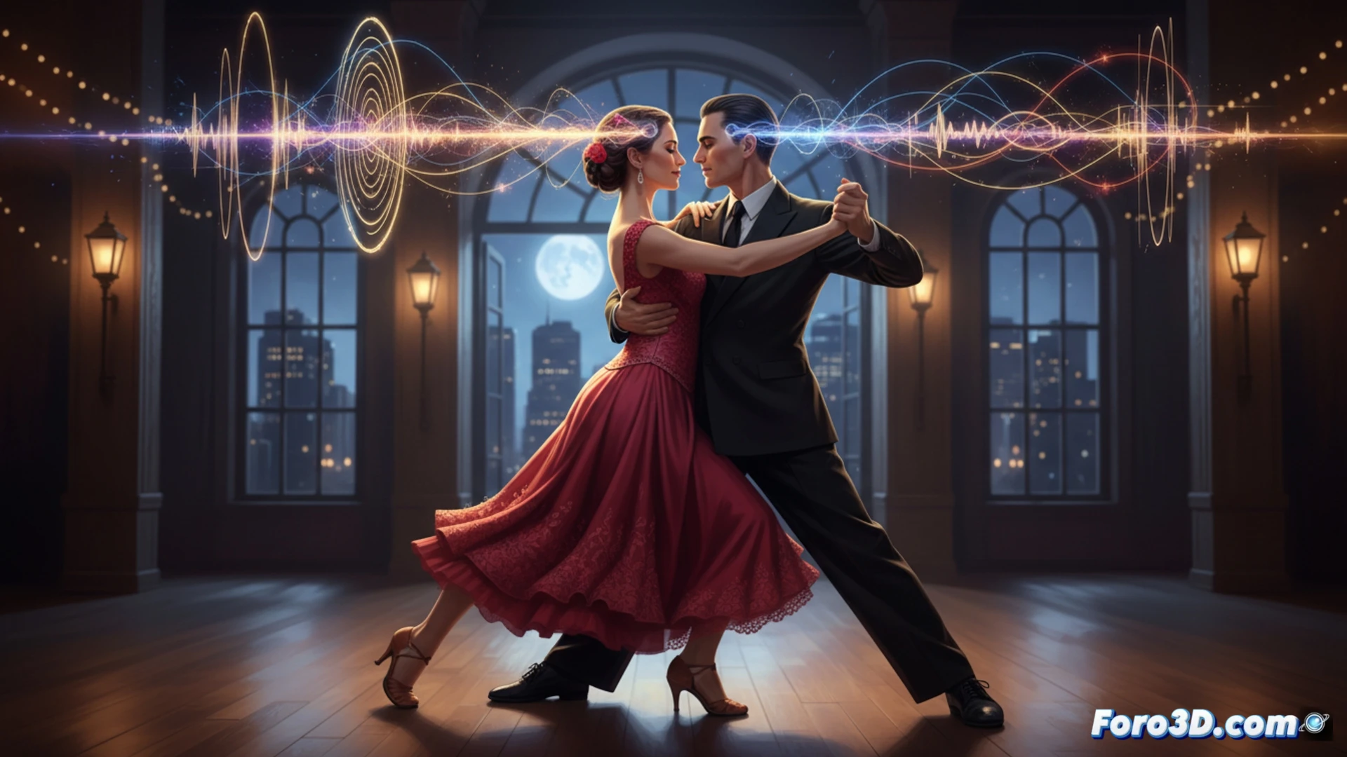 Ilustración de dos bailarines de tango abrazados. Sus cerebros brillan con ondas sincronizadas, conectadas por un haz de luz. Sensores en tobillos y cabezas capturan datos.