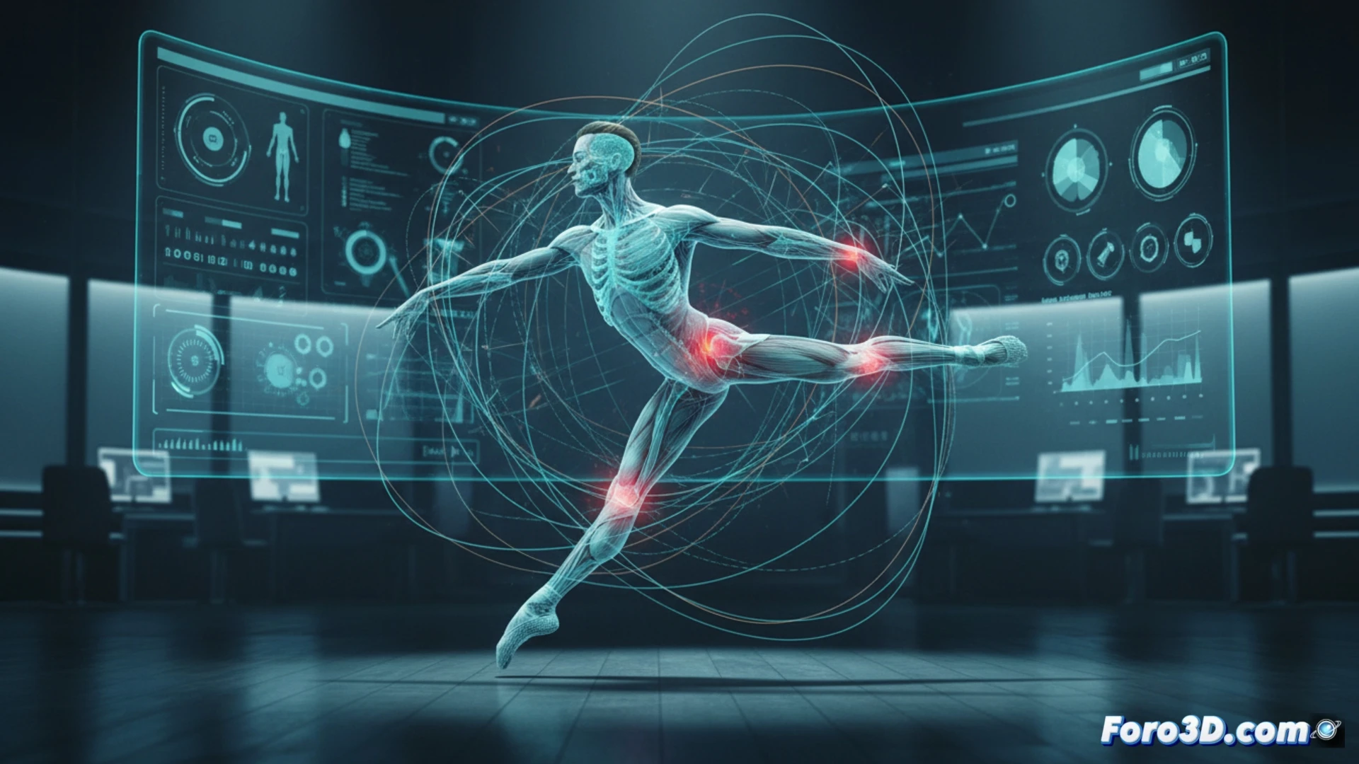 Bailarín profesional en pleno salto con marcadores de captura de movimiento 3D para análisis biomecánico